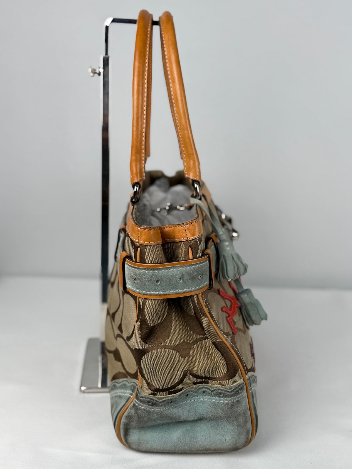 Coach 1490 Rare Limited Edition Hampton Clip Tropical Fish Signature Brown Monogram Shoulder Bag Suede Leather Trim