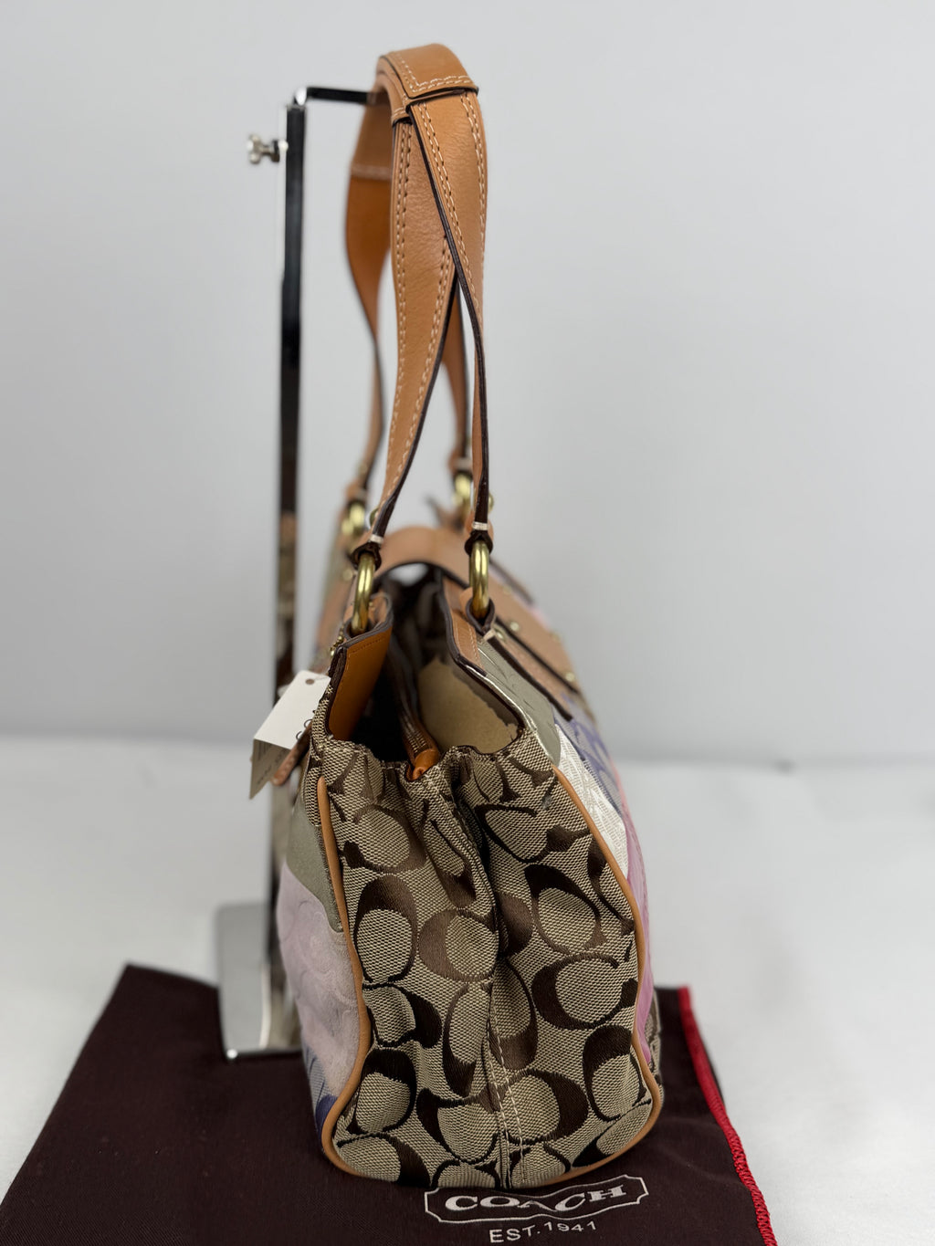 RARE Coach F13335 Patchwork Pink/Purple Turnlock Shoulder Bag Leather Trim NWT