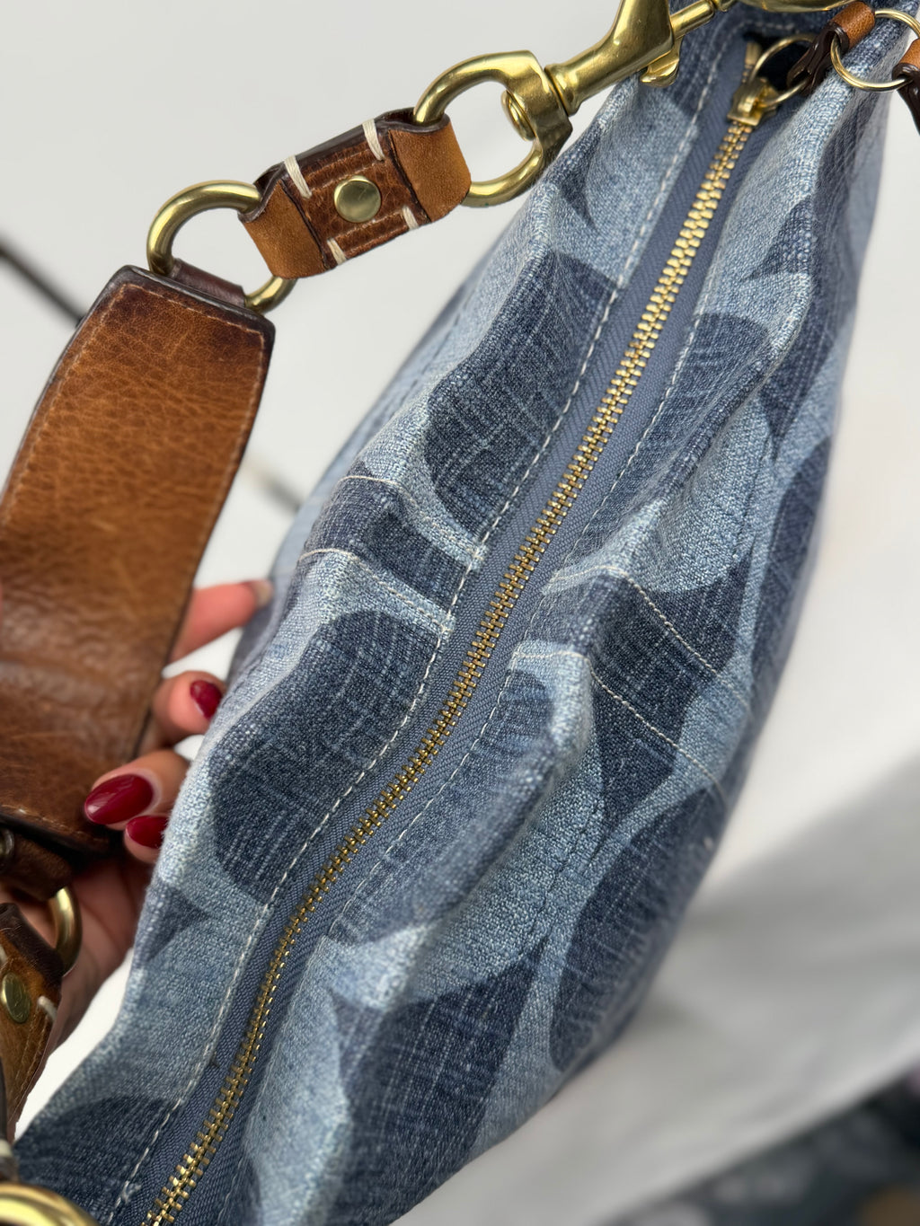 RARE Coach 10794 Carly Blue Denim Monogram Shoulder Bag Leather Trim