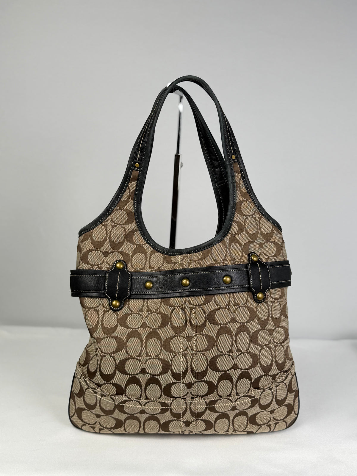 Coach 11280 Ergo Horsebit Signature Brown Monogram Shoulder Bag Black Leather Trim