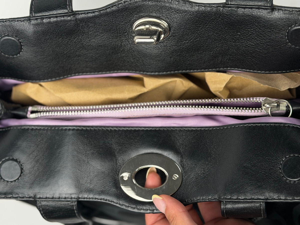 Coach F13906 Signature Black Monogram Satchel Turnlock Shoulder Bag Leather Trim