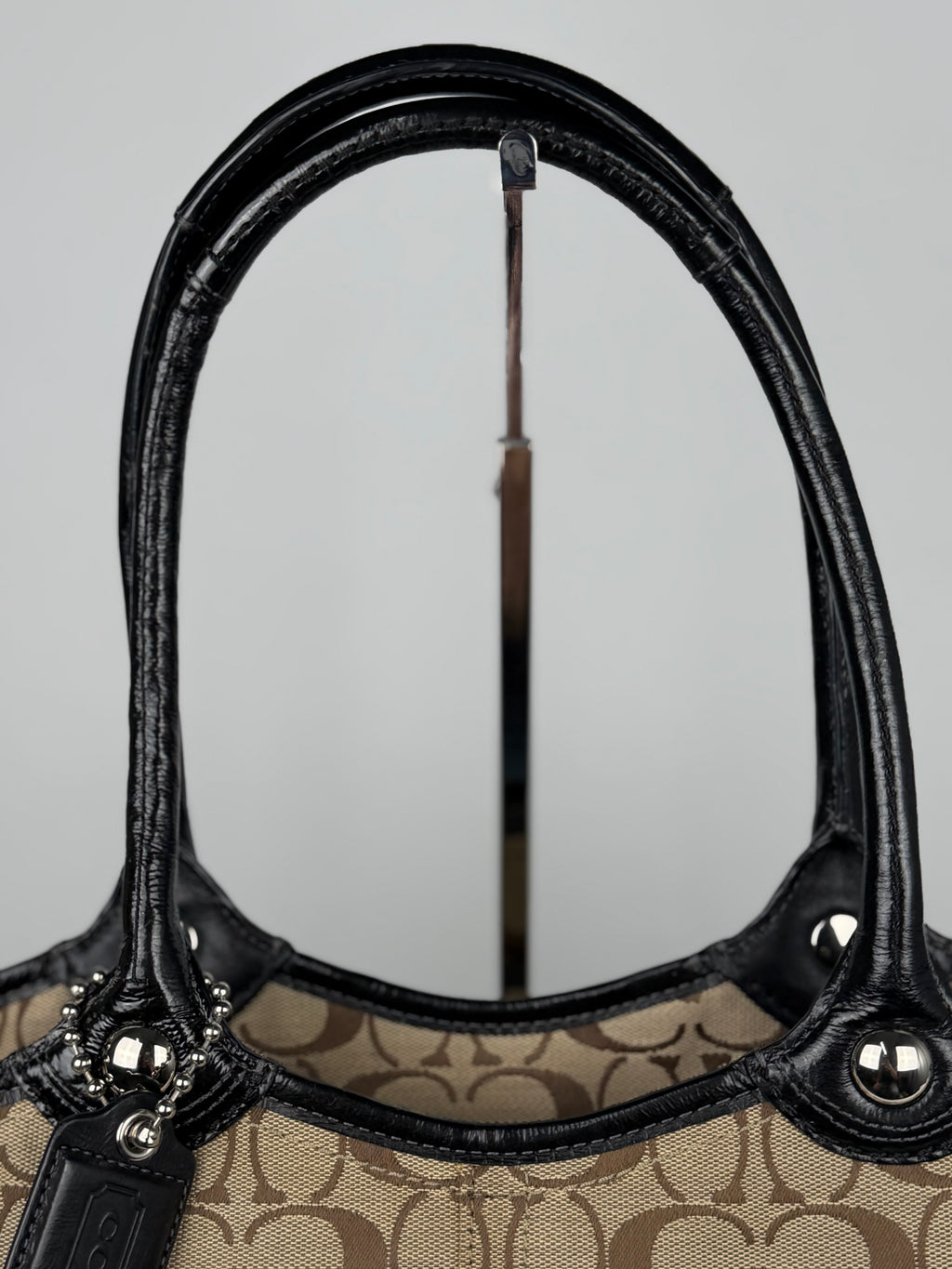 Coach F14385 Bleecker Signature Brown Monogram Tote Shoulder Bag Black Leather Trim