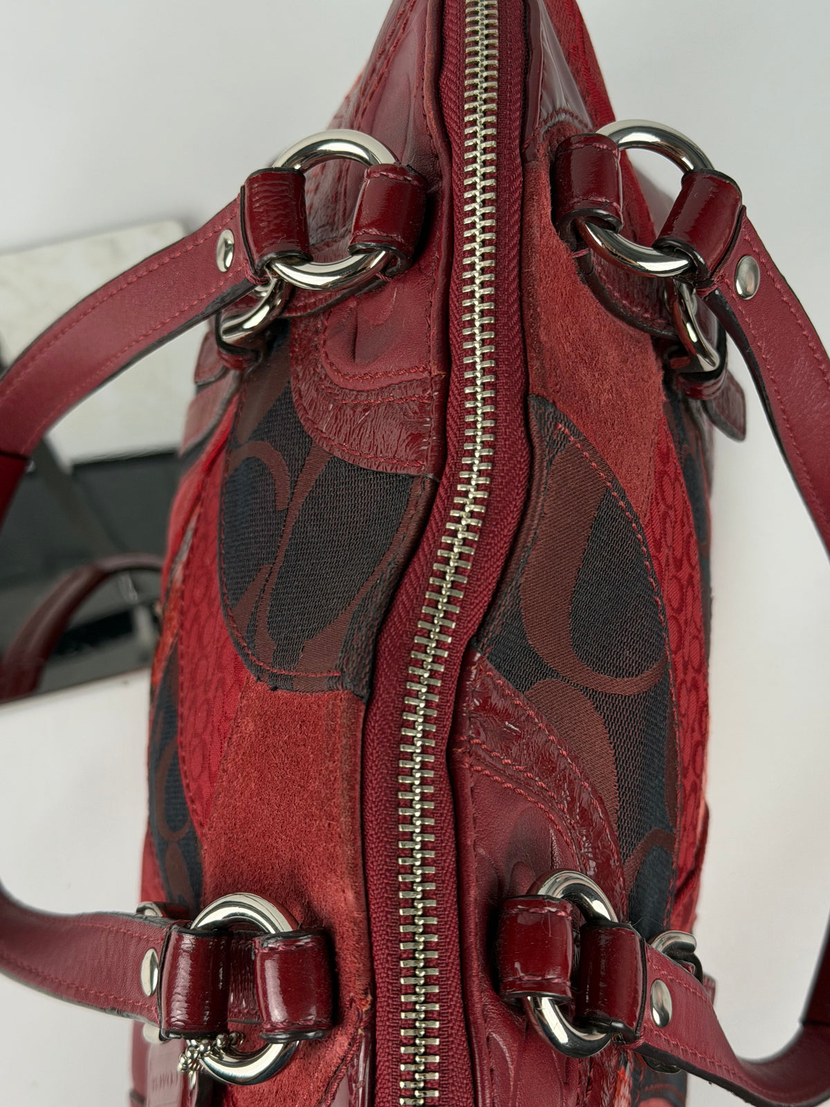 Rare Coach F14007 Red Patchwork Canvas Suede Leather Shoulder Bag