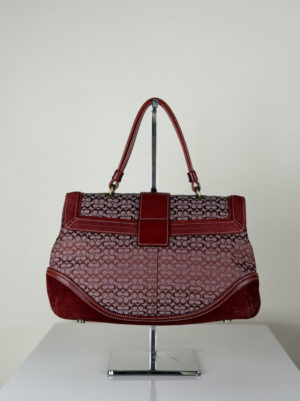 Coach 7078 Rare Soho Red Signature Monogram Hand Bag Leather Trim