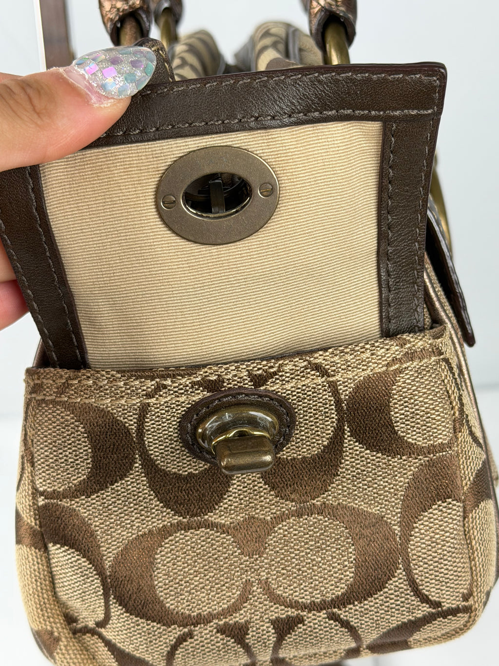 Coach 8K40 Soho Signature Brown Monogram Mini Shoulder Bag Leather Trim
