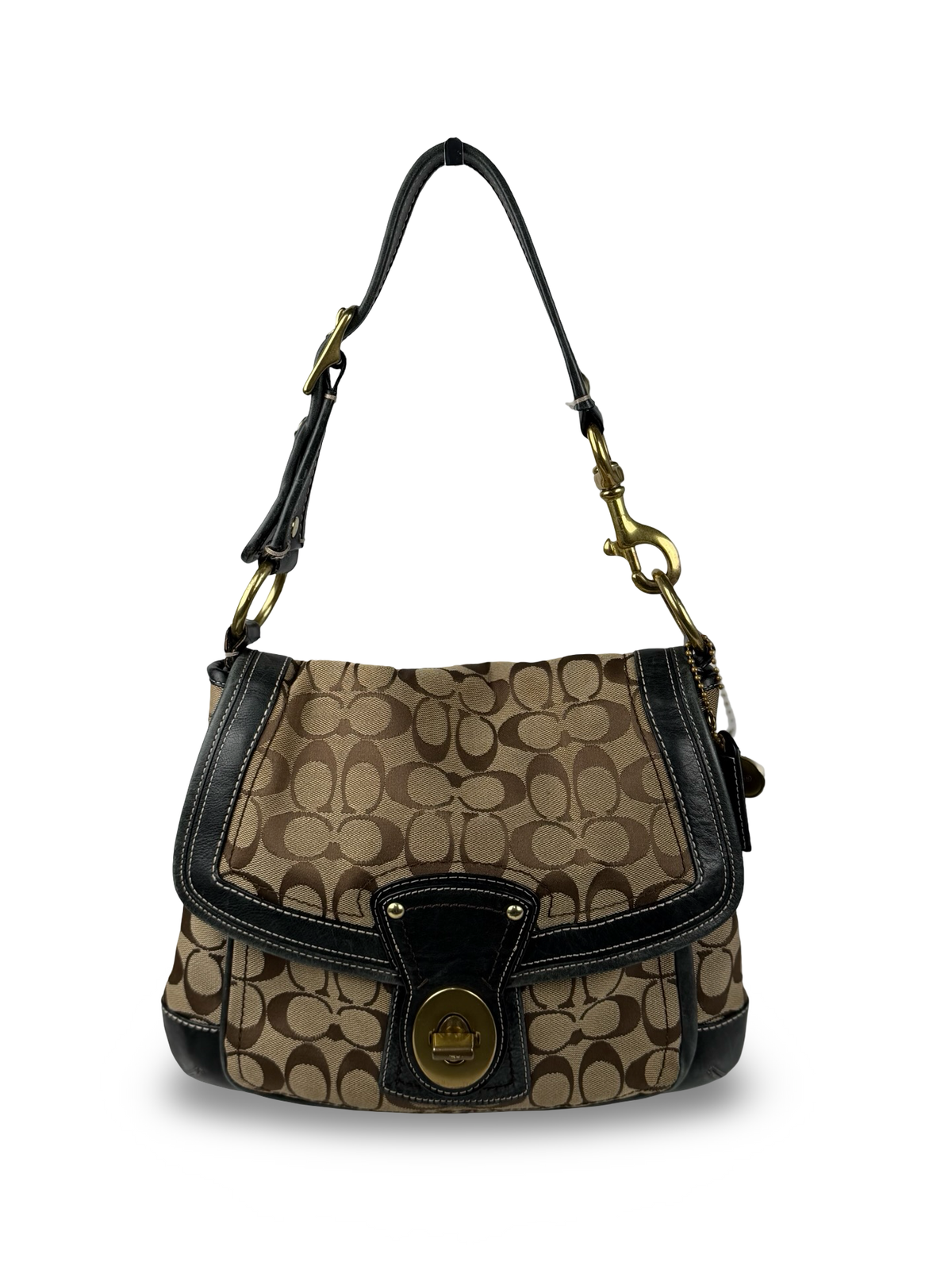 Coach 10338 Ali Legacy Turnlock Flap Signature Brown Monogram Shoulder Bag Black Leather Trim