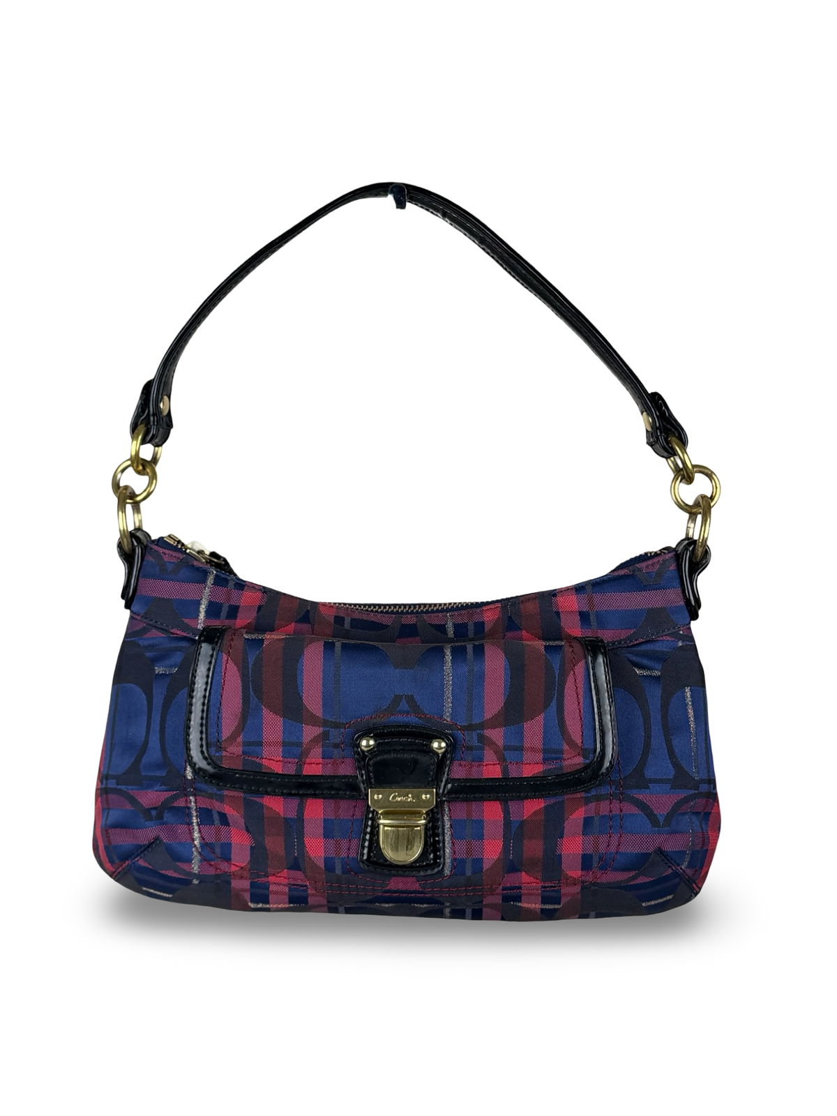 Coach 21621 Check Pattern Blue/Red/Pink Monogram Shoulder Bag
