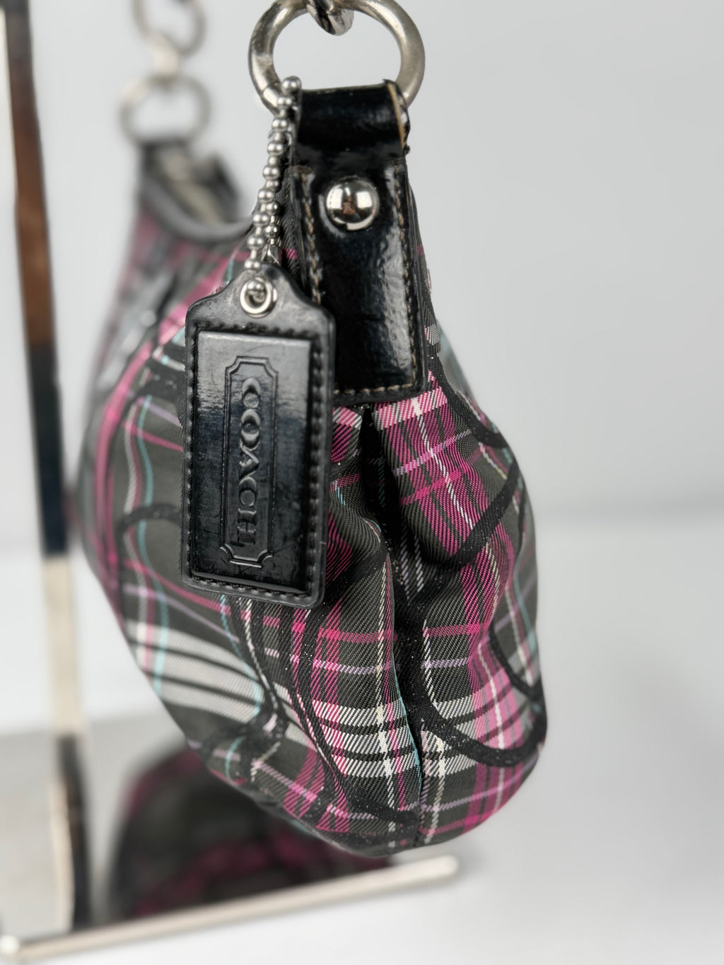 Coach F17670 Poppy Tartan Pink and Black Shoulder Bag Leather Trim