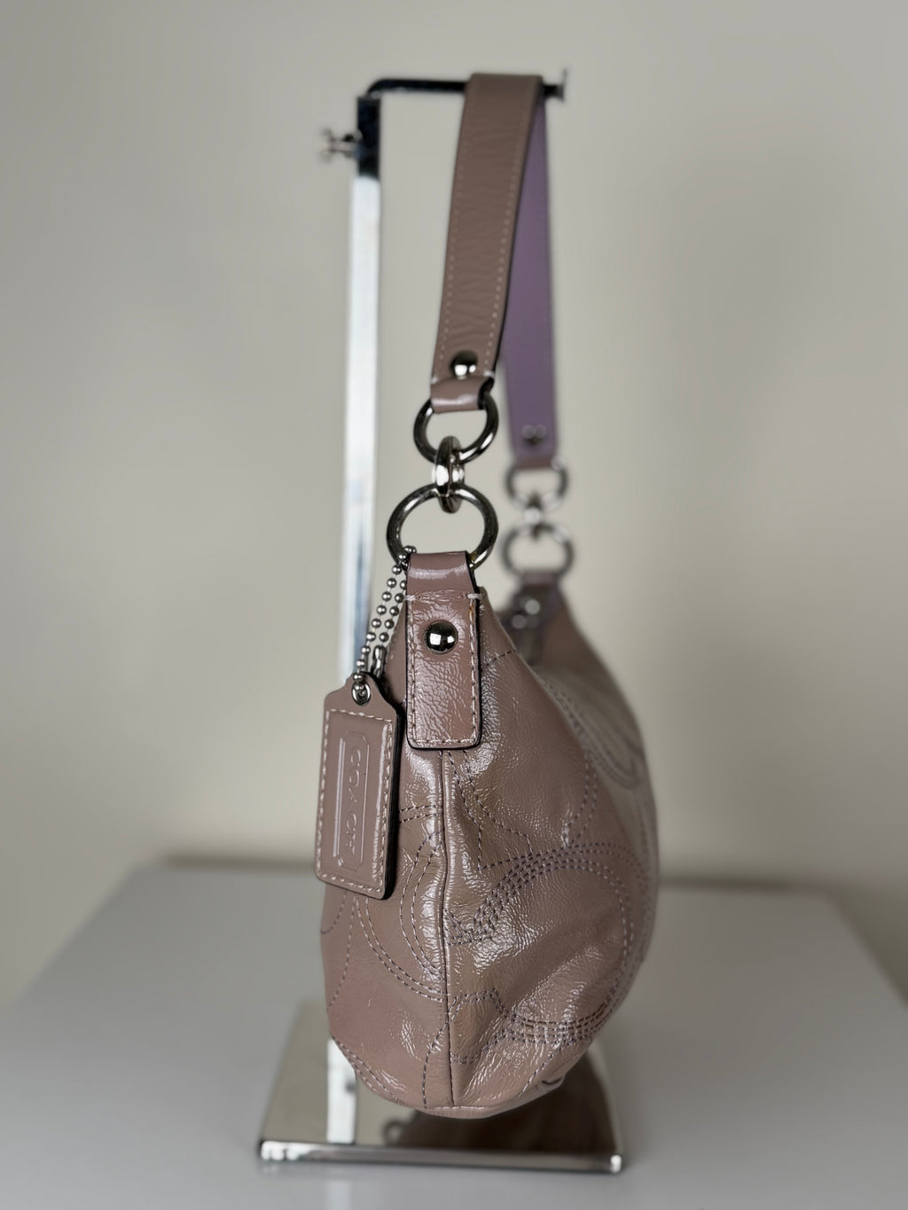 Coach F15141 Monogram Embossed Purple Patent Leather Shoulder Bag with Detachable Crossbody Strap