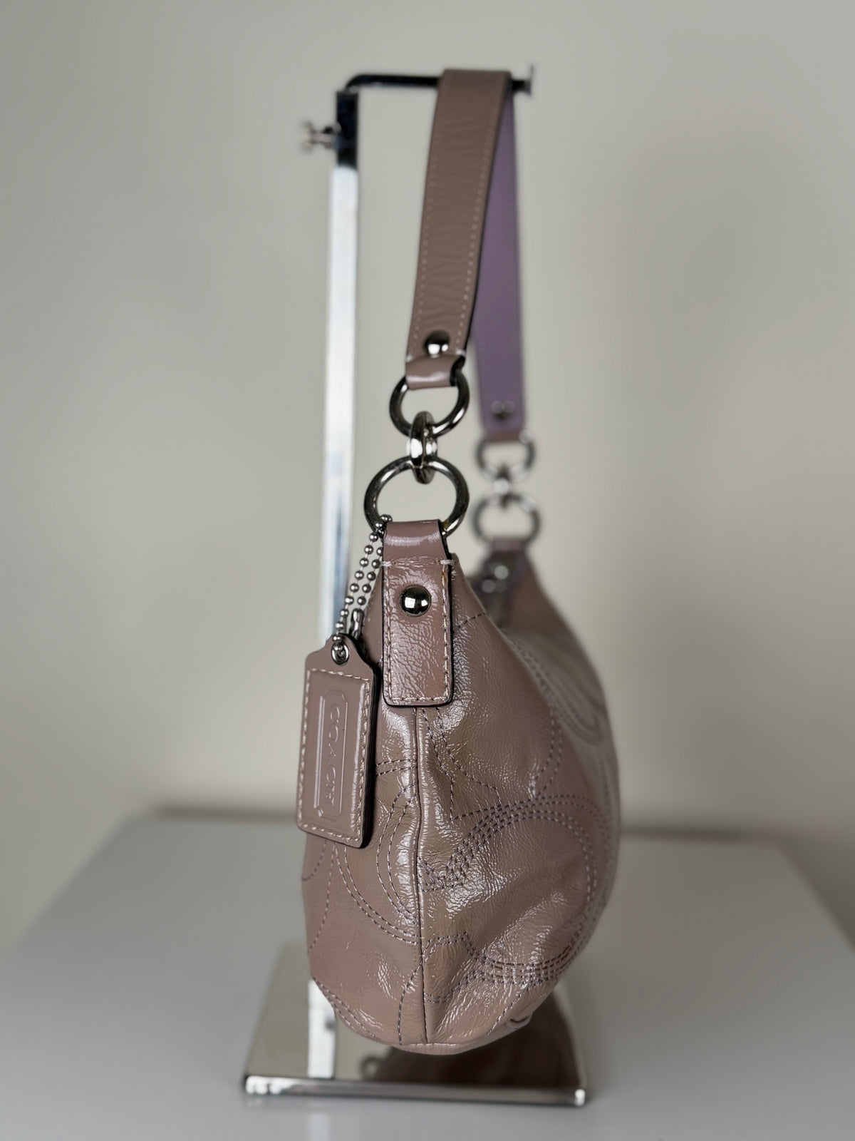 Coach F15141 Monogram Embossed Purple Patent Leather Shoulder Bag with Detachable Crossbody Strap