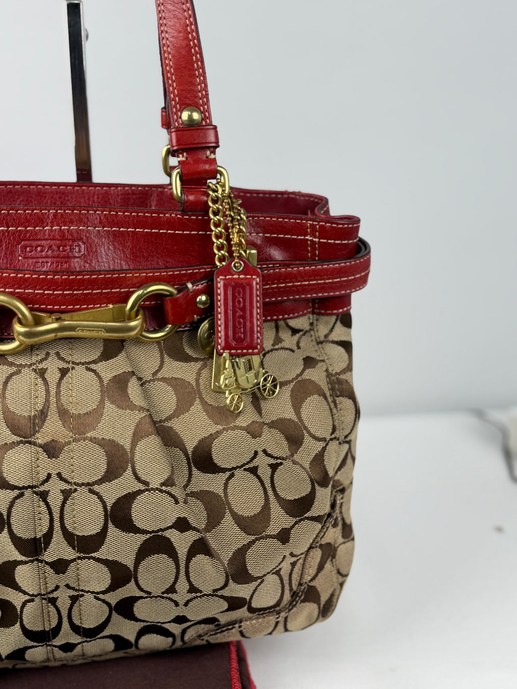 Coach 12467 Signature Brown Monogram Shoulder Bag Red Leather Trim