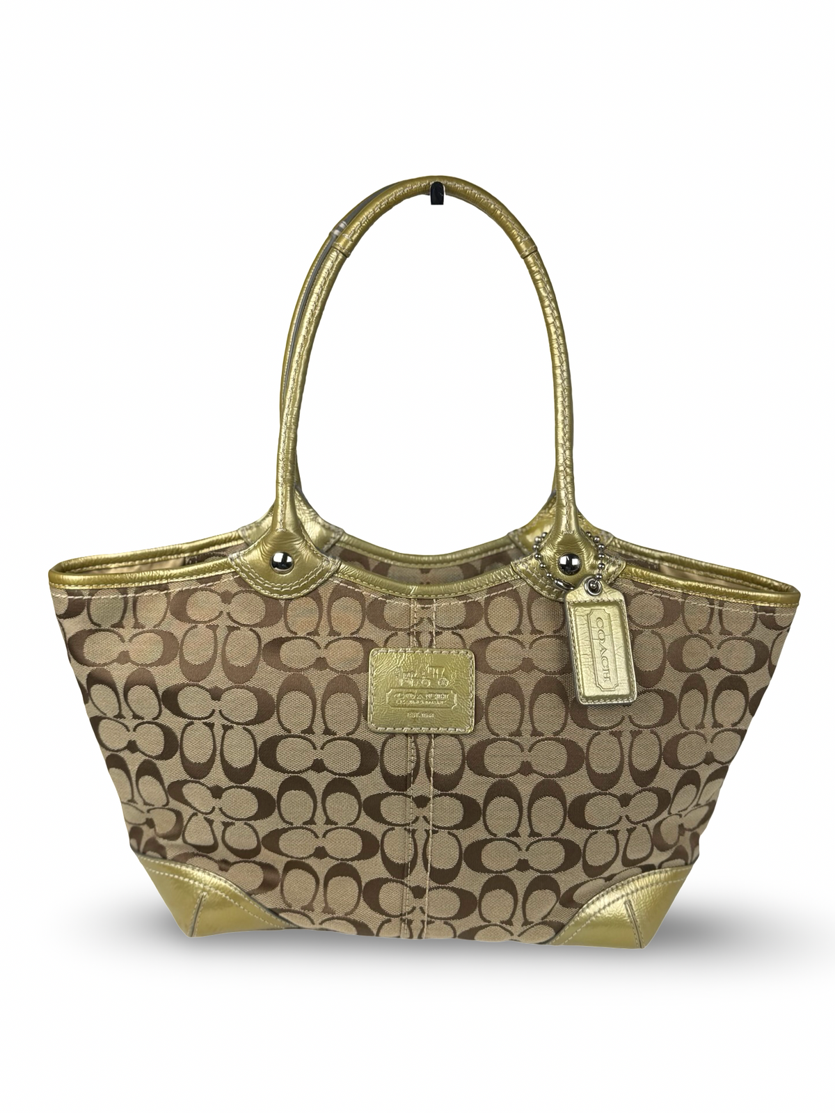 Coach F12564 Bleecker Signature Brown Monogram Shoulder Bag Gold Leather Trim
