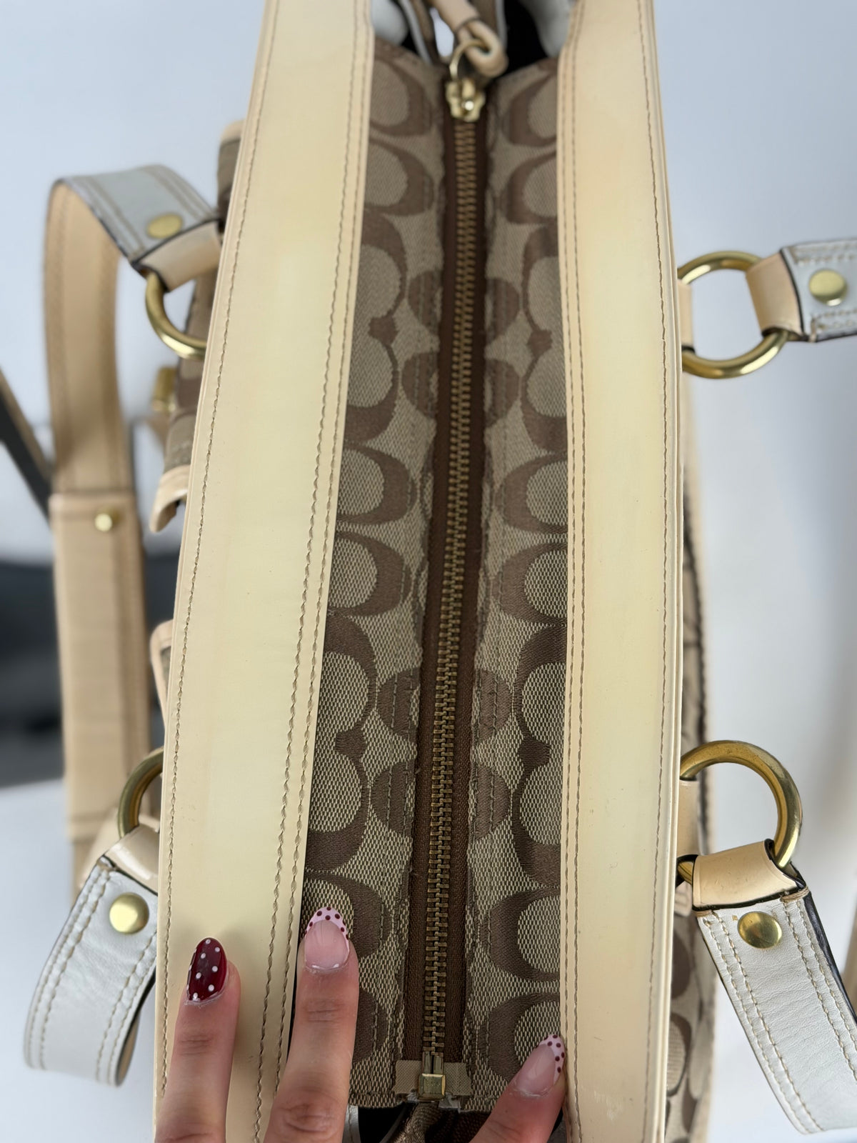 Coach Legacy F13131 Signature Brown Monogram Cream Patent Leather Satchel Shoulder Bag