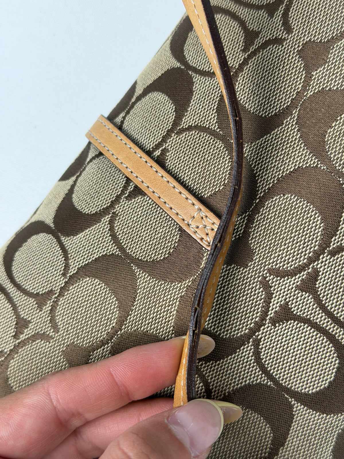 Coach 6348 Demi Clip Signature Brown Monogram Shoulder Bag Tan Leather Trim