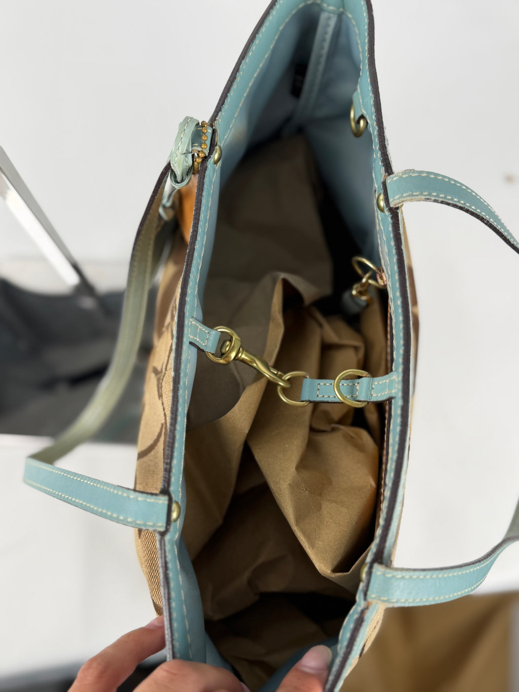 Coach 10124 Signature Brown/Blue Monogram Shoulder Tote Bag Leather Trim