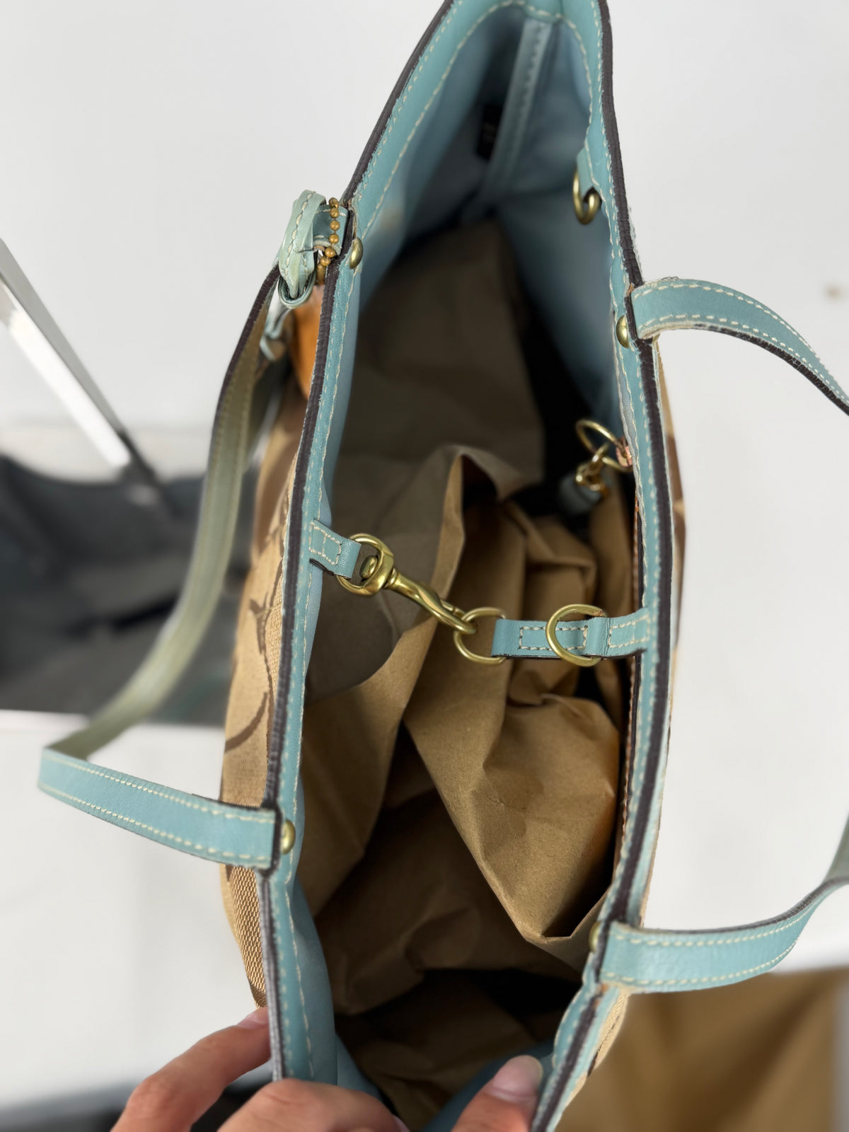 Coach 10124 Signature Brown/Blue Monogram Shoulder Tote Bag Leather Trim