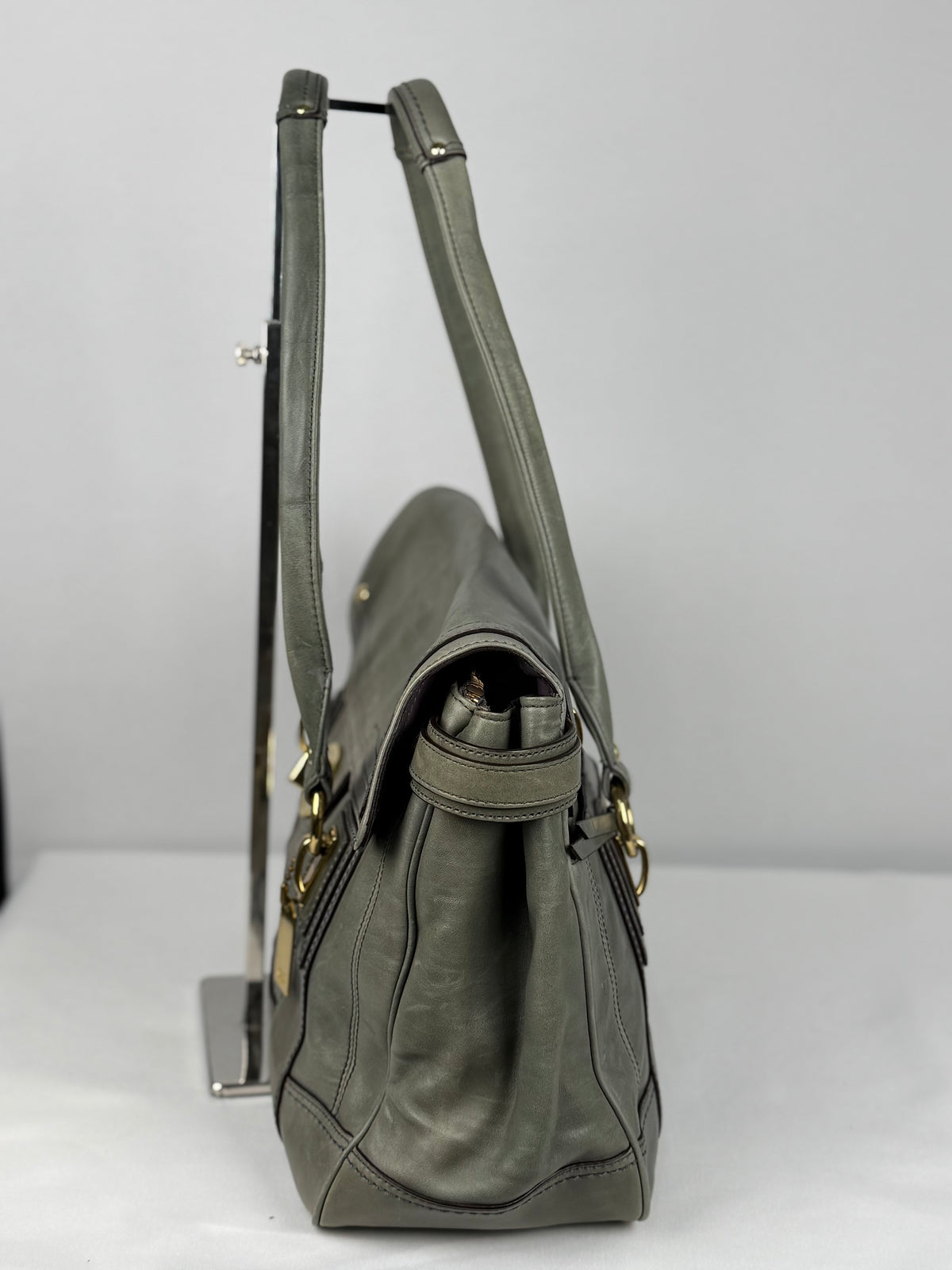 Coach 12442 Rare Hampton Lindsay Turnlock Green/Grey Leather Flap Satchel Shoulder Bag