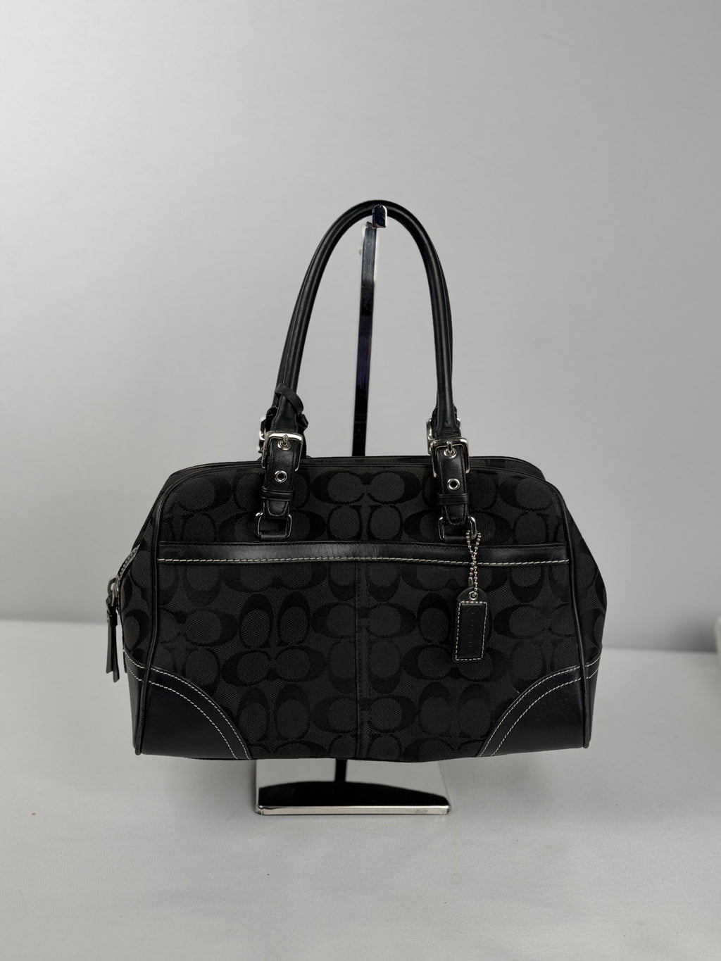 Coach 8K05 Mini Boston Signature Black Monogram Shoulder Bag Leather Trim