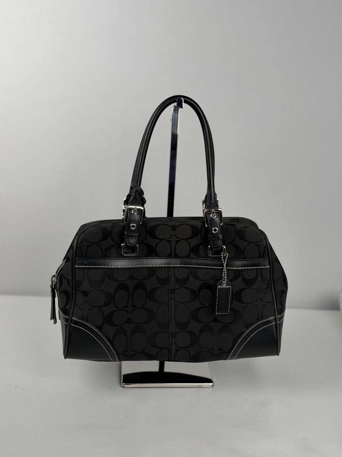 Coach 8K05 Mini Boston Signature Black Monogram Shoulder Bag Leather Trim