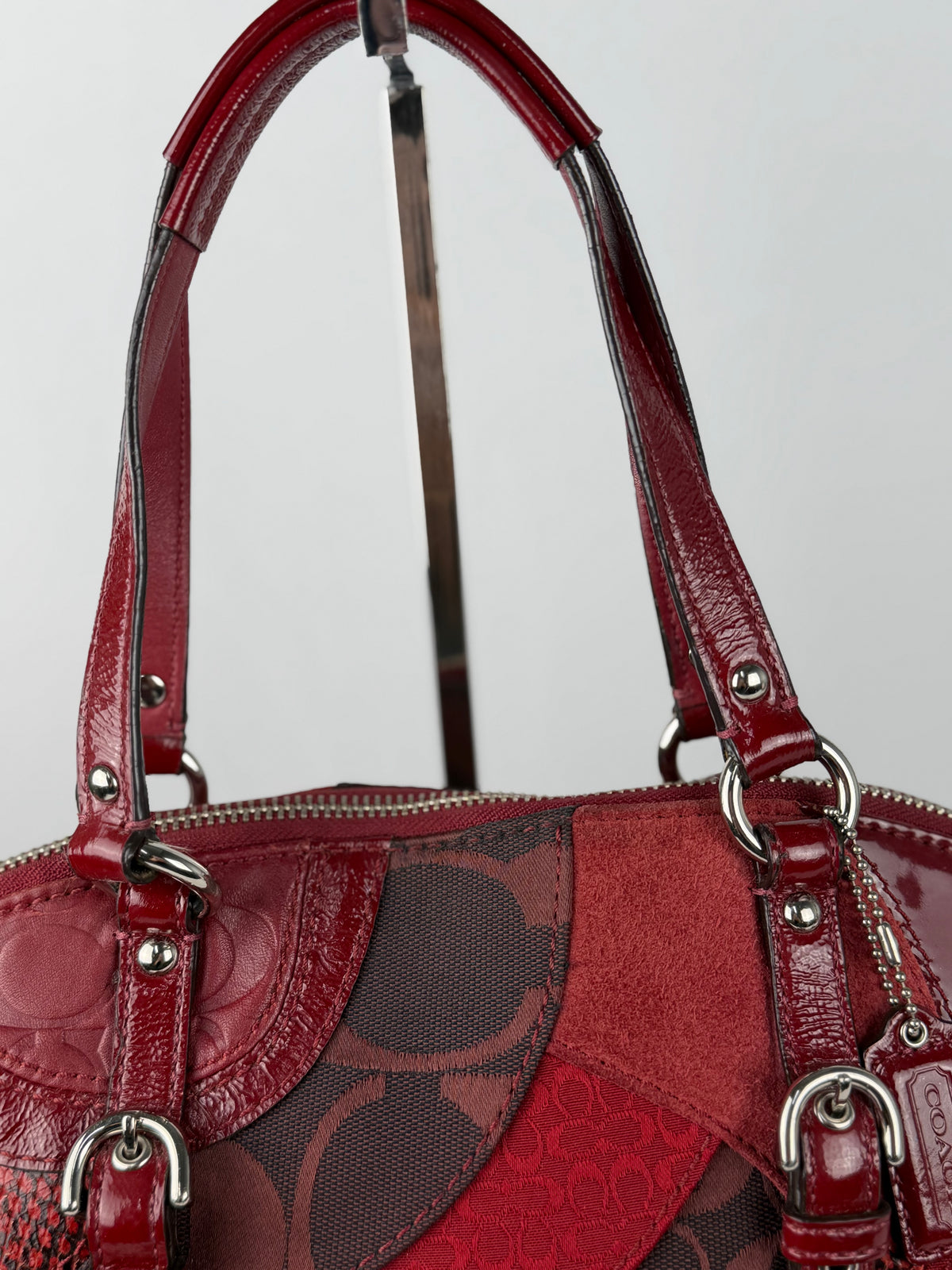 Rare Coach F14007 Red Patchwork Canvas Suede Leather Shoulder Bag