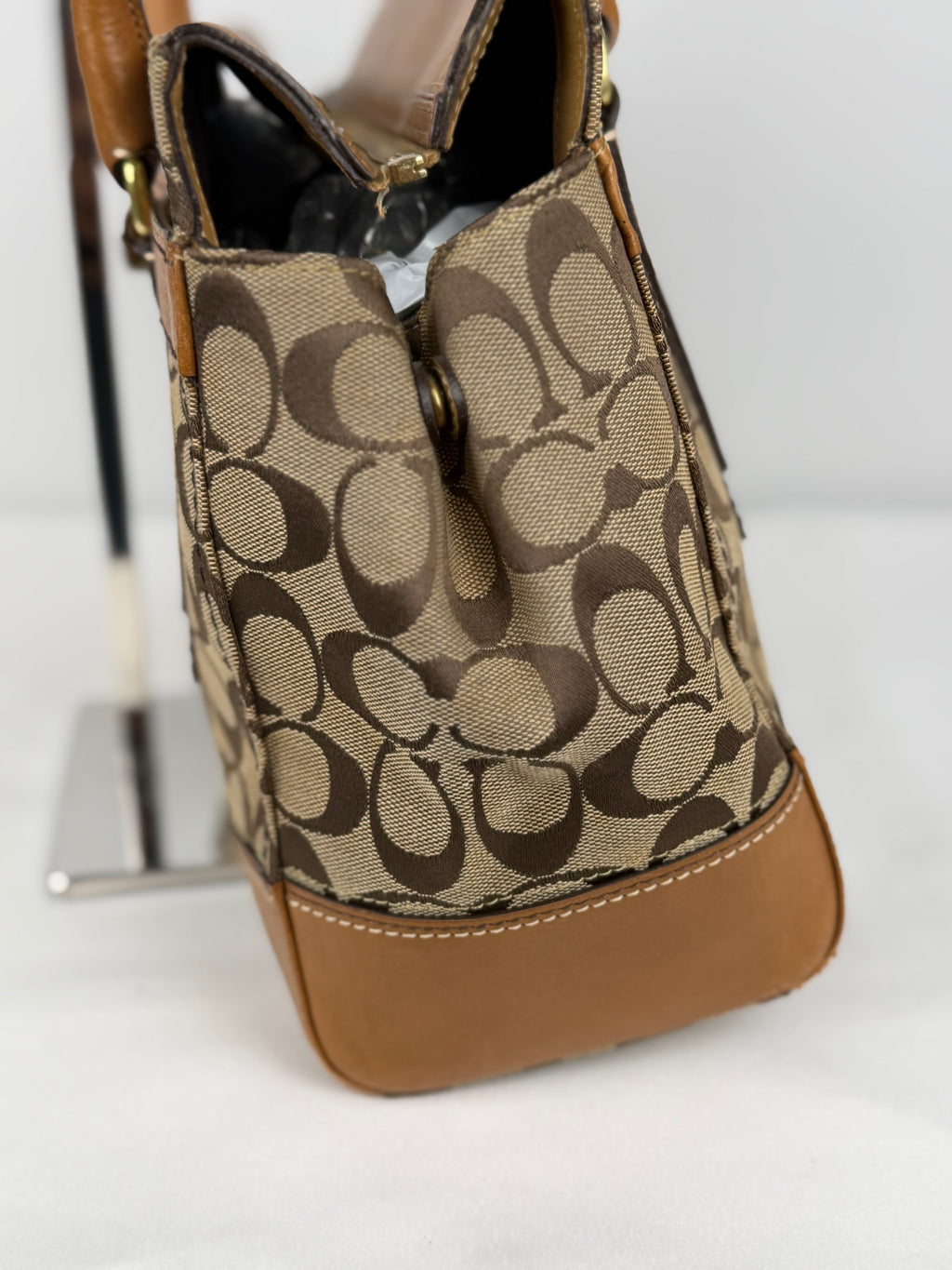 Coach 11063 Hampton Turnlock Signature Brown Monogram Shoulder Bag Leather Trim
