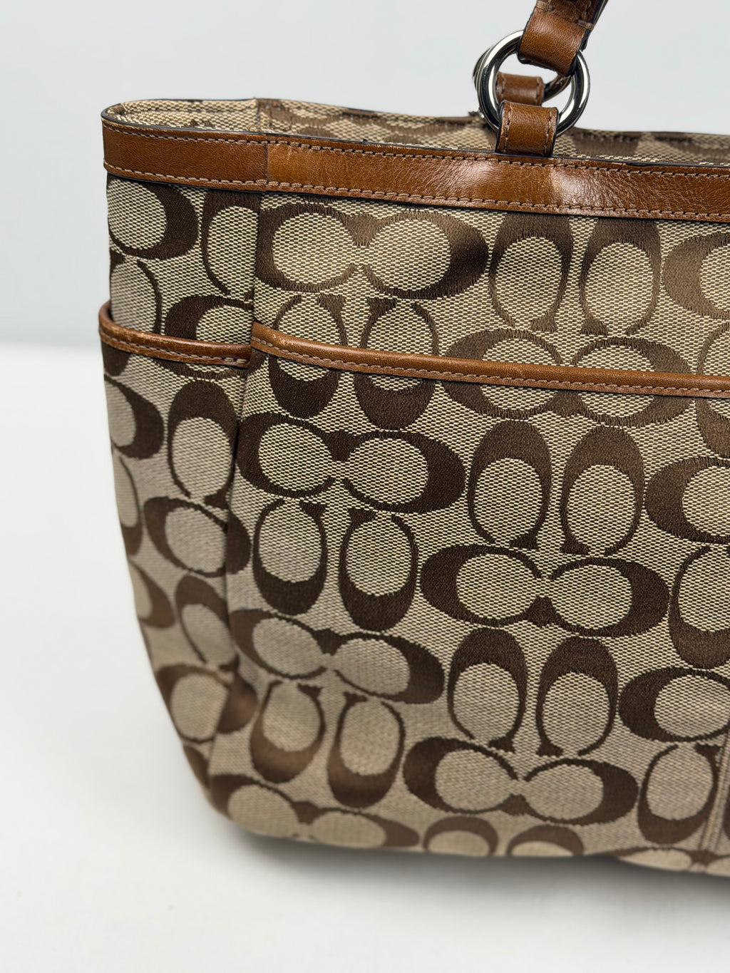 Coach F17726 Signature Brown Monogram Shoulder Bag Leather Trim