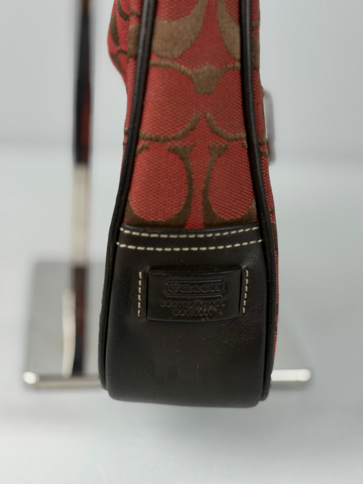 Coach 6091 Hampton Clip Signature Red/Brown Monogram Shoulder Bag Leather Trim