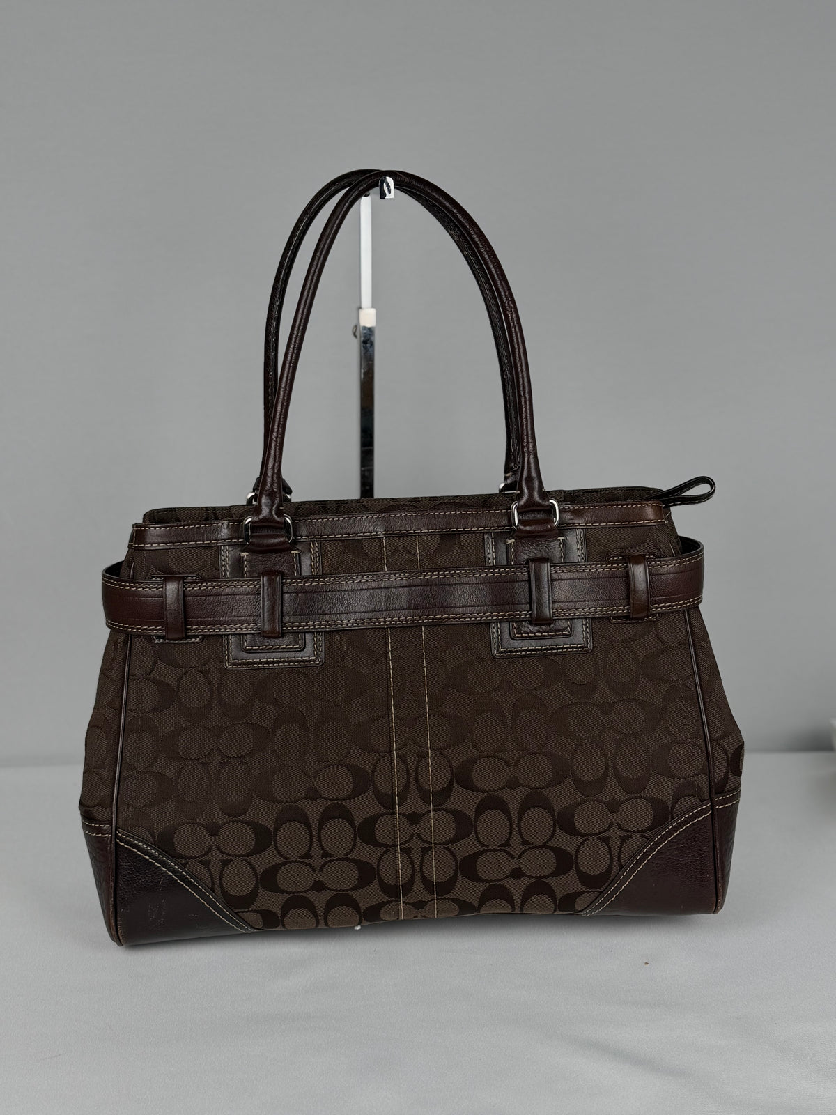 Coach 10246 Hampton Clip Signature Brown Monogram Shoulder Bag Leather Trim