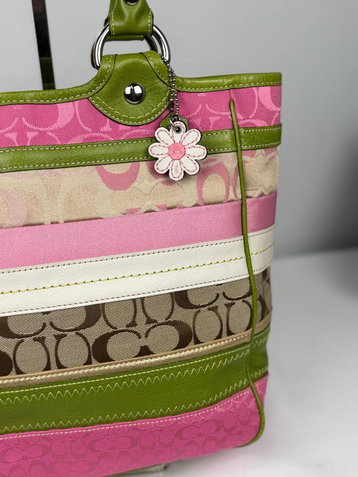 Coach F14726 Bleecker RARE Patchwork Pink/Green Monogram Shoulder Bag Leather Trim