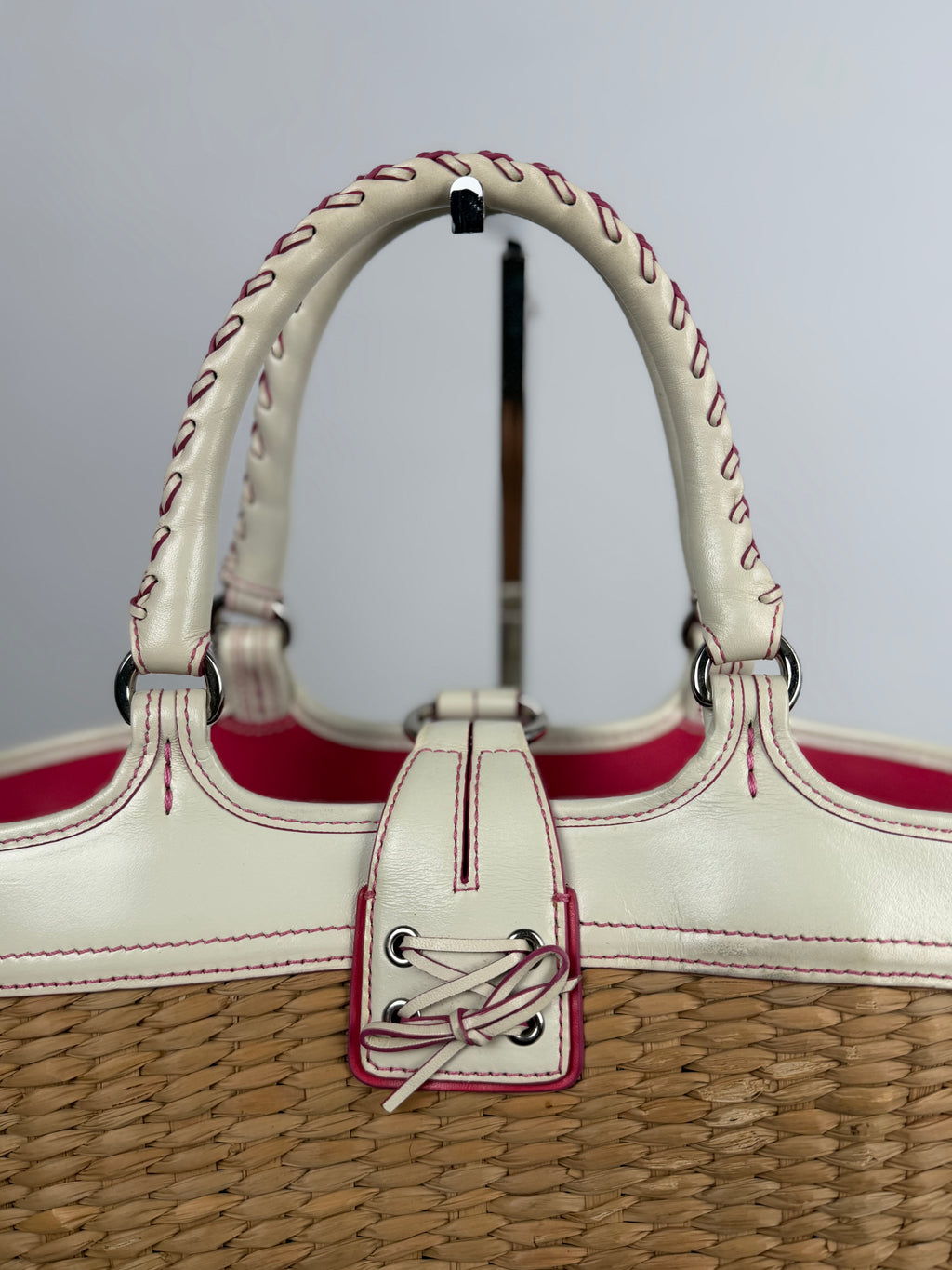 Coach 6271 Large Woven Straw Basket Bag White Leather Trim