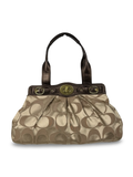 Coach F13906 Rare Turnlock Signature Beige Monogram Shoulder Bag Brown Leather Trim
