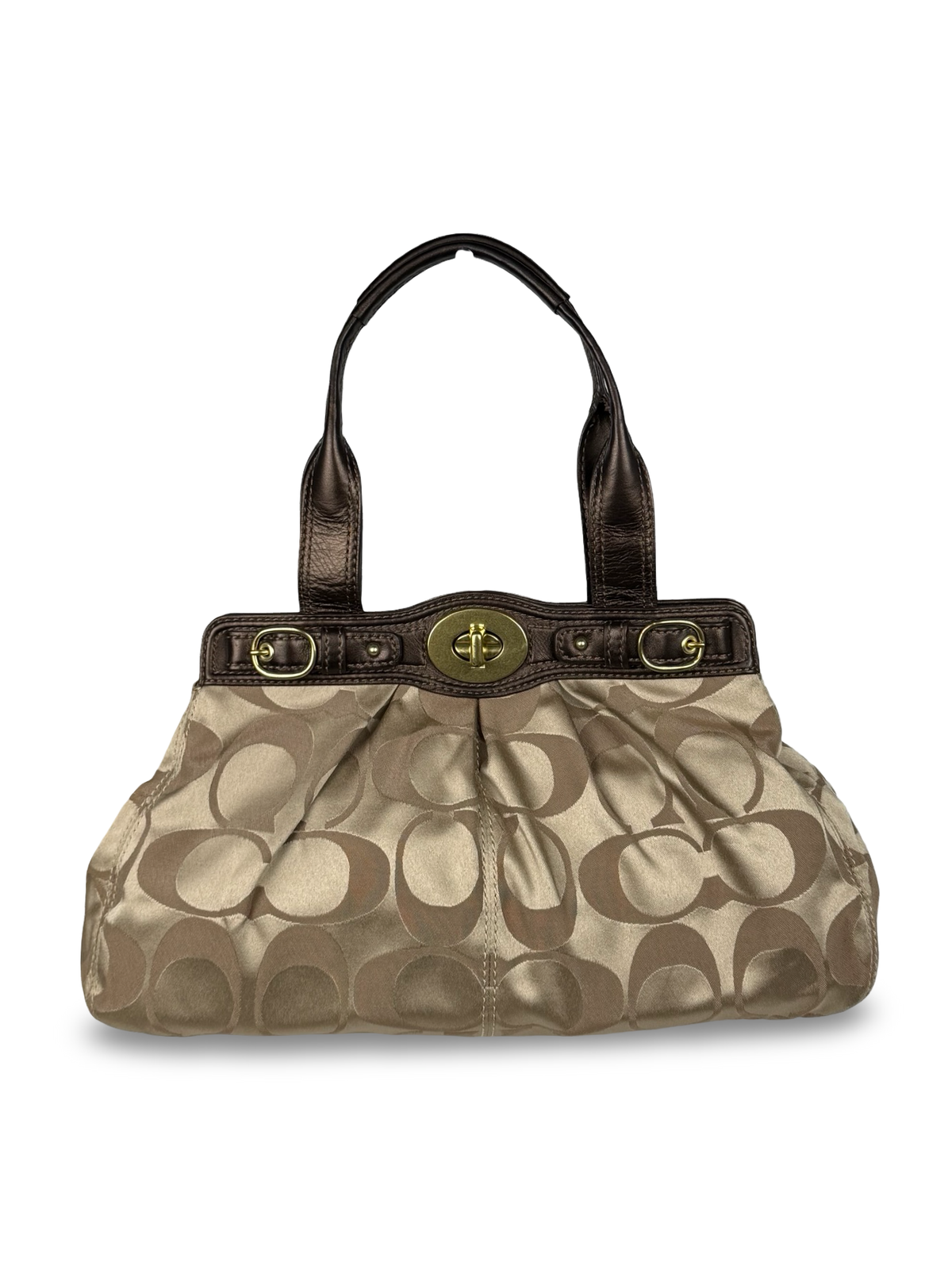 Coach F13906 Rare Turnlock Signature Beige Monogram Shoulder Bag Brown Leather Trim