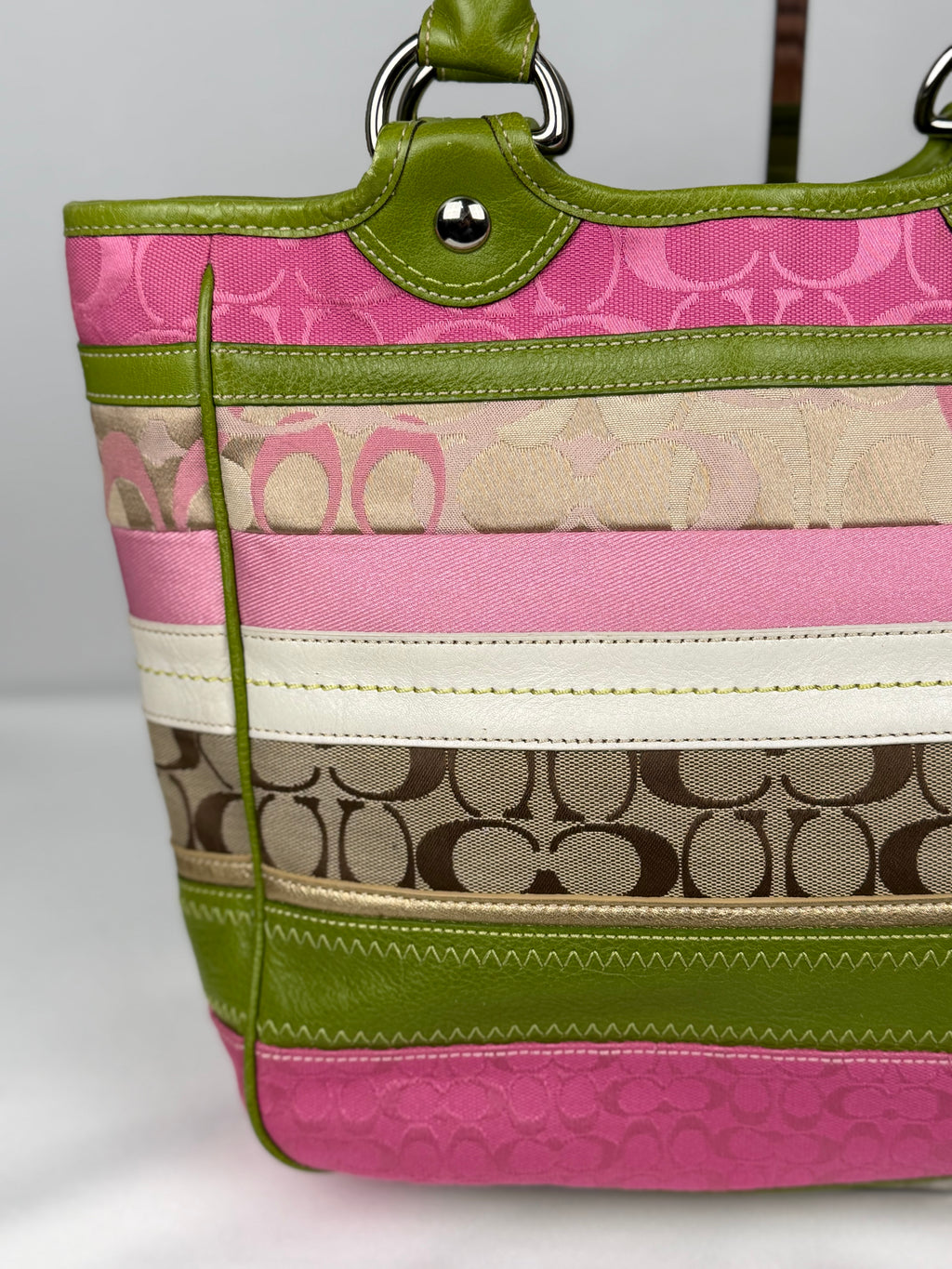 Coach F14726 Bleecker RARE Patchwork Pink/Green Monogram Shoulder Bag Leather Trim