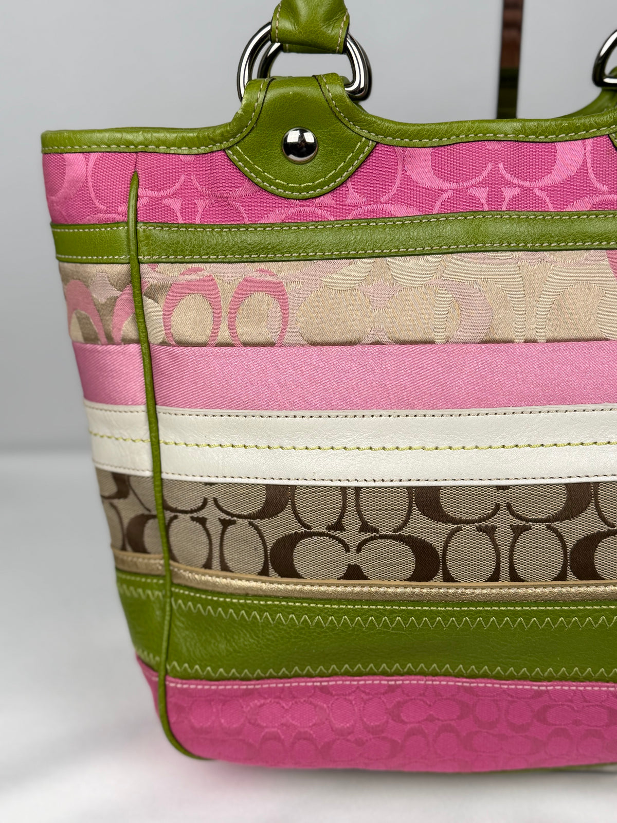 Coach F14726 Bleecker RARE Patchwork Pink/Green Monogram Shoulder Bag Leather Trim