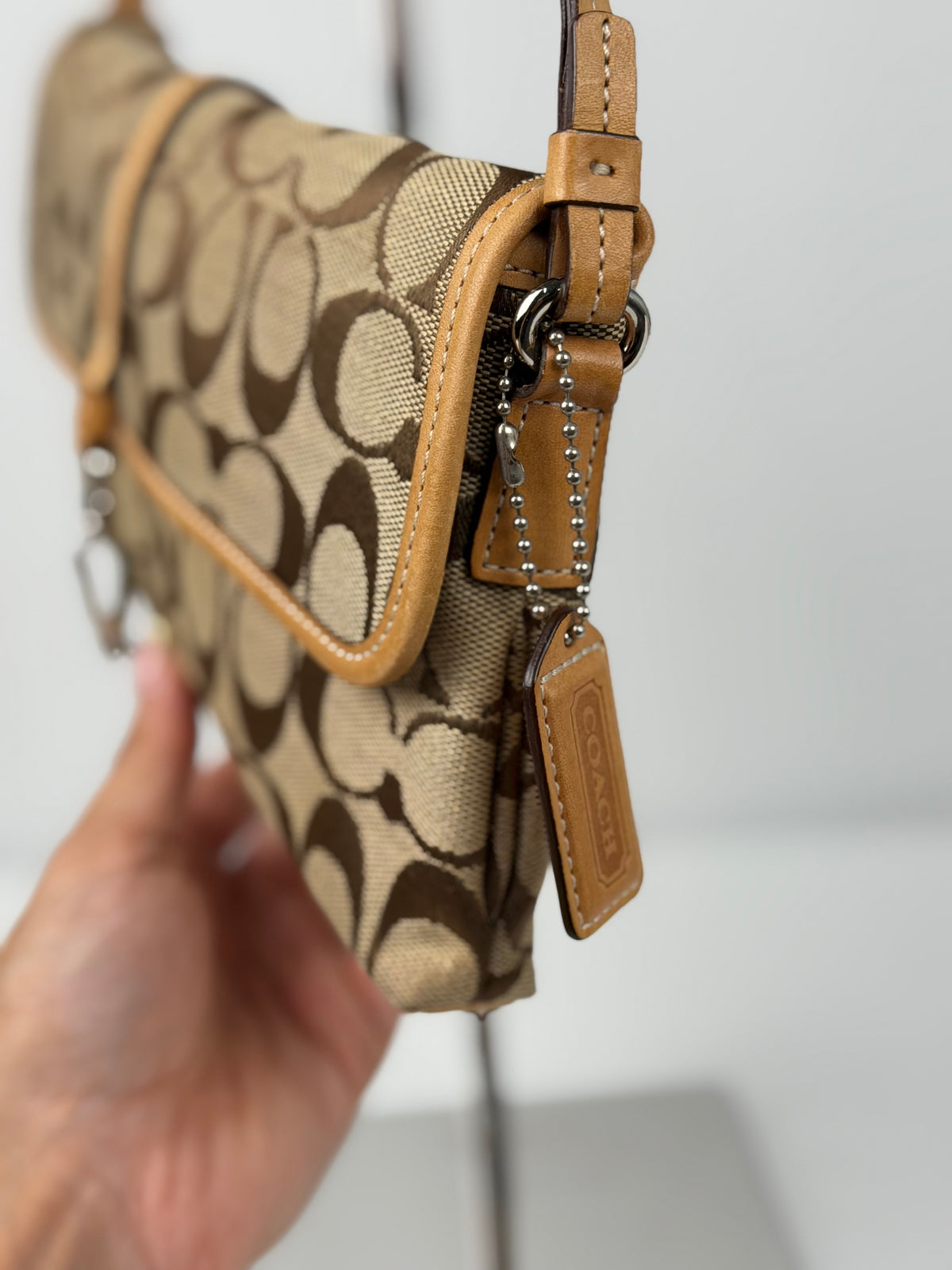 Coach 6348 Demi Clip Signature Brown Monogram Shoulder Bag Tan Leather Trim