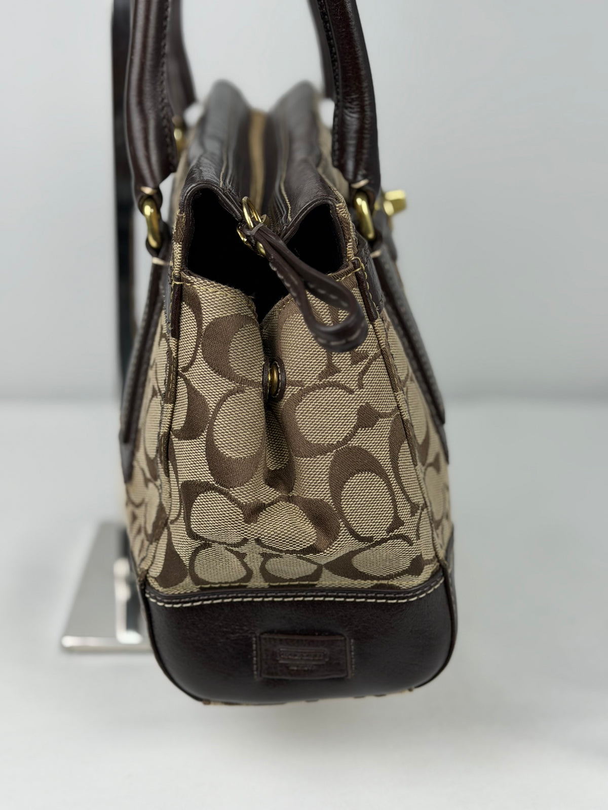 Coach 11062 Hampton Turnlock Signature Brown Monogram Shoulder Bag Leather Trim