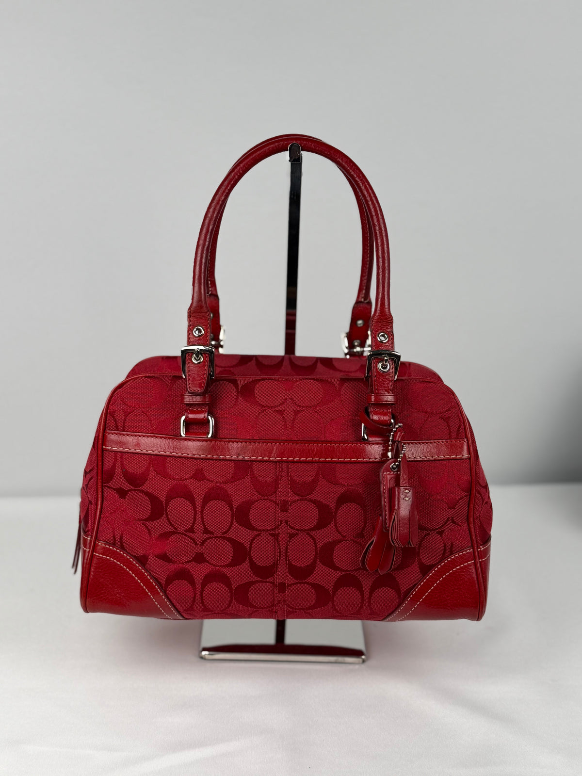 Coach 8K05 Mini Boston Signature Red Shoulder Bag Leather Trim