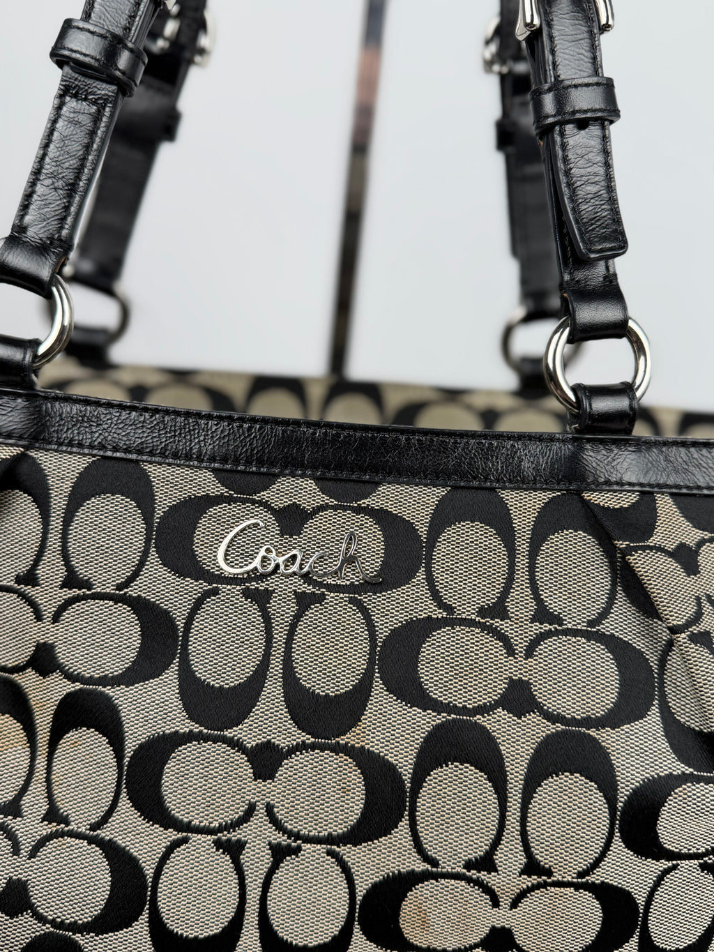 Coach F17726 Signature Grey/Black Shoulder Bag Leather Trim