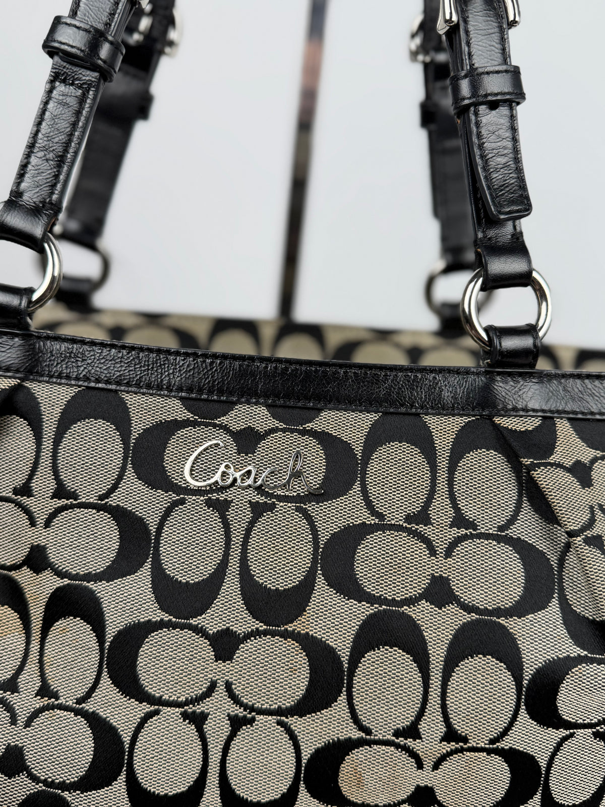 Coach F17726 Signature Grey/Black Shoulder Bag Leather Trim