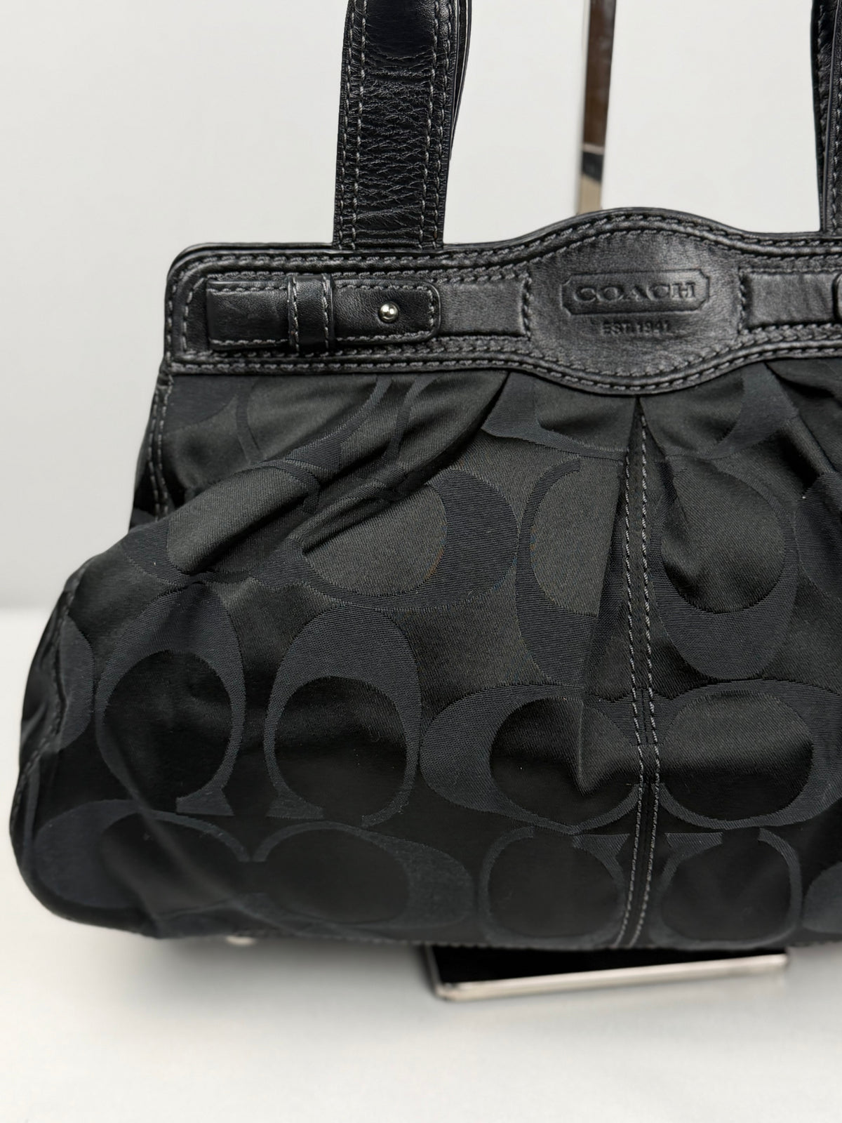 Coach F13906 Signature Black Monogram Satchel Turnlock Shoulder Bag Leather Trim