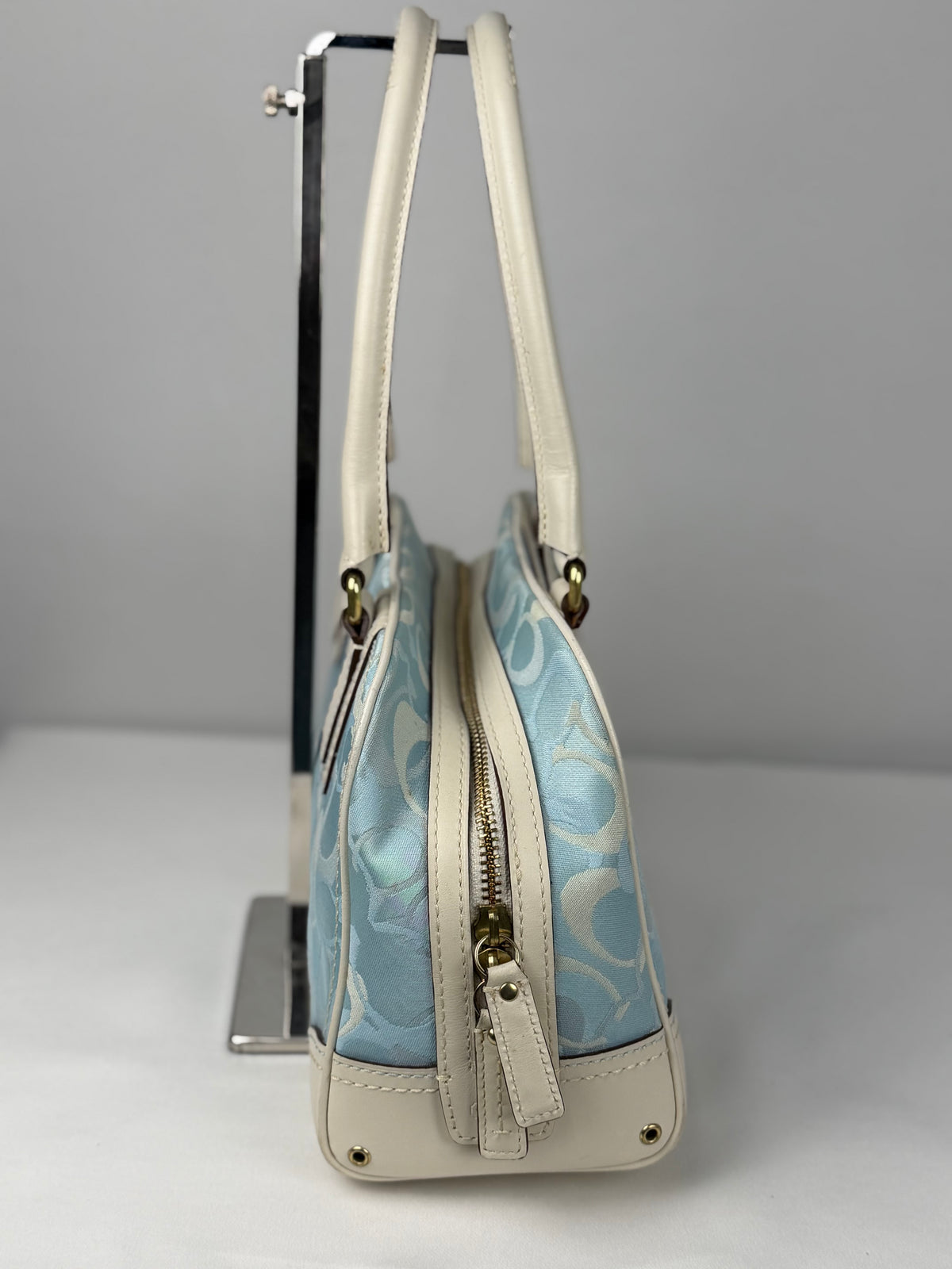 Coach 10777 Blue Optic Art Monogram Shoulder Bag Leather Trim