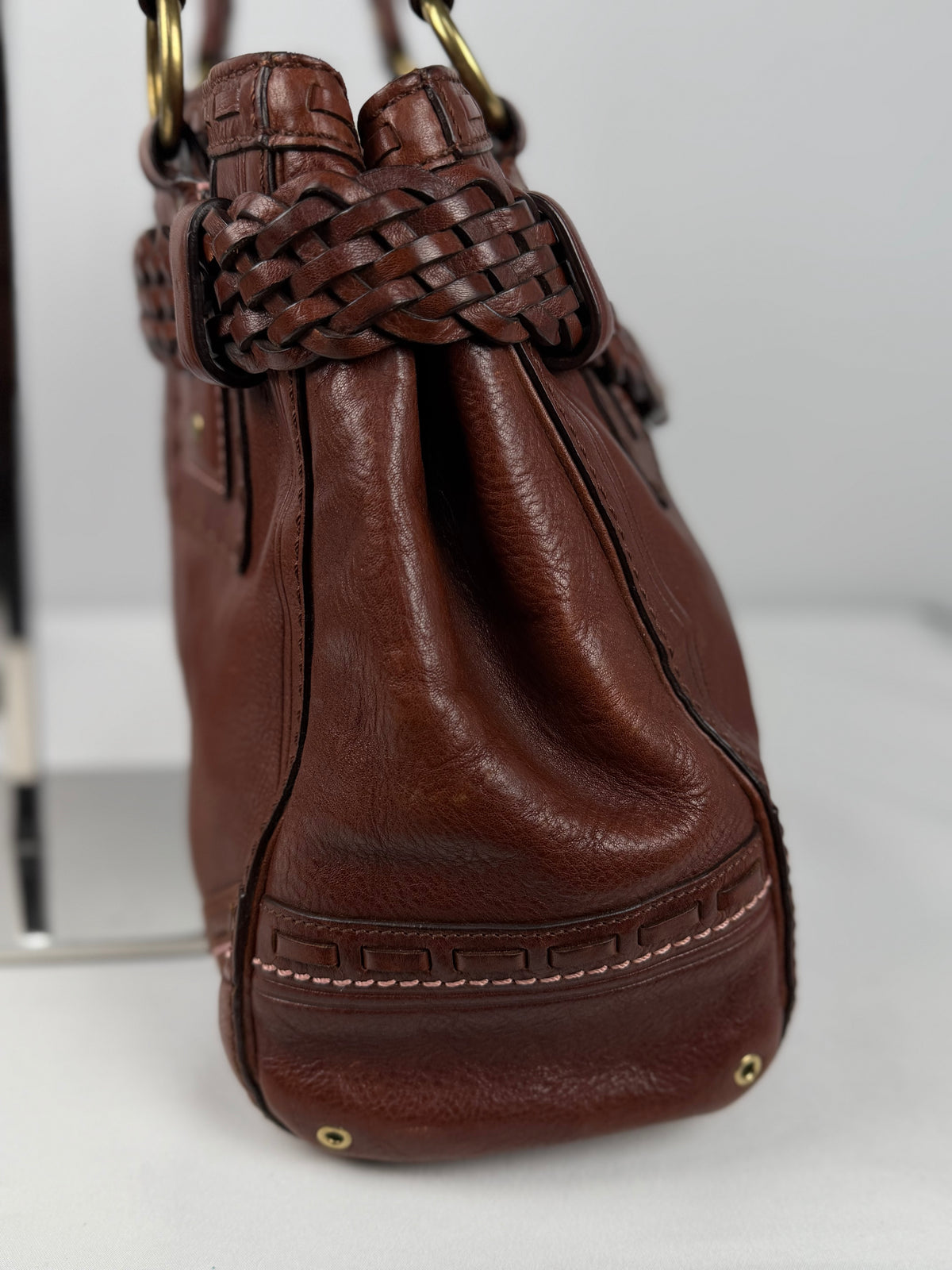 Coach 9290 Rare Hampton Clip Brown Leather Shoulder Bag Braided Detail