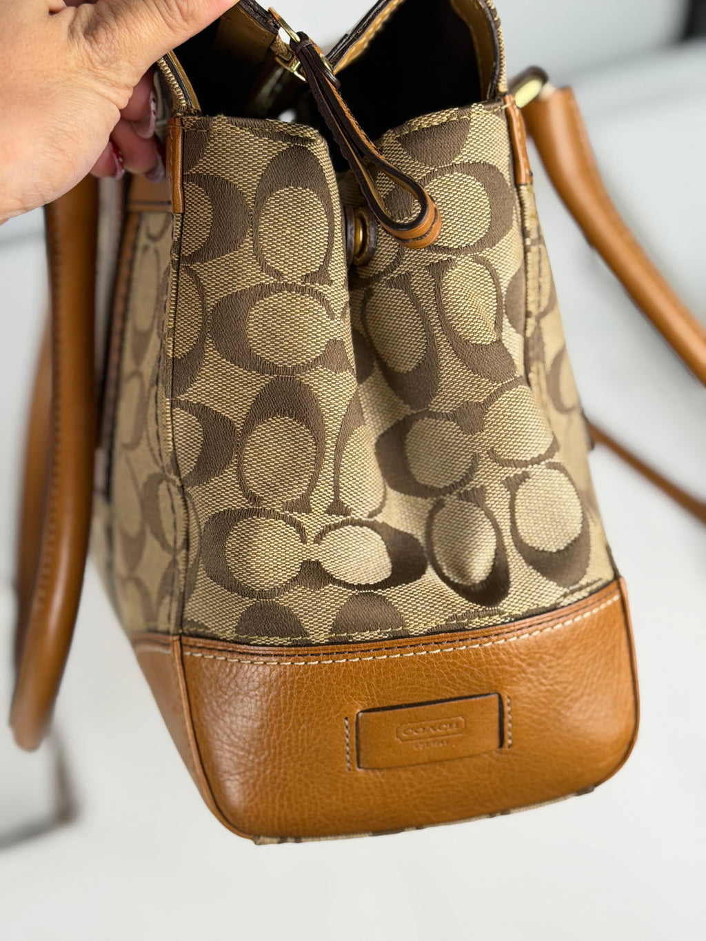 Coach 11063 Hampton Turnlock Signature Brown Monogram Shoulder Bag Leather Trim