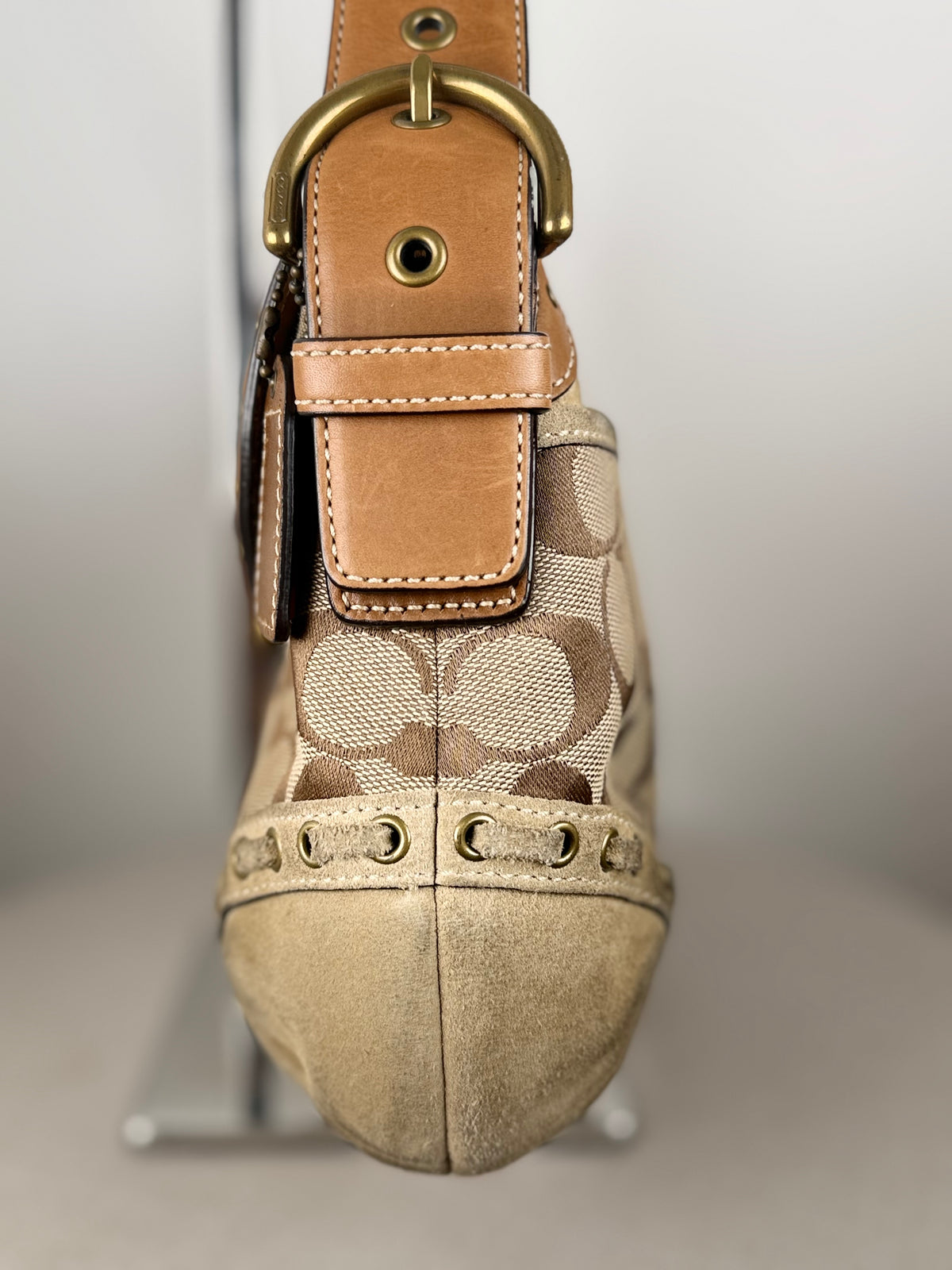 Coach 9373 Rare Soho Studded Hardware Signature Brown Monogram Shoulder Bag Suede Leather Trim