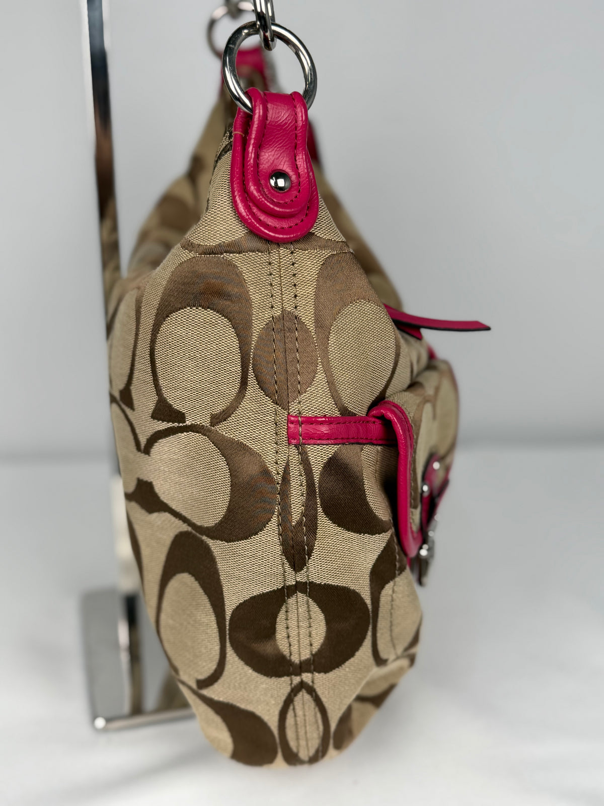 Coach F23392 Daisy Signature Brown Monogram Double Pocket Shoulder Bag Pink Leather Trim