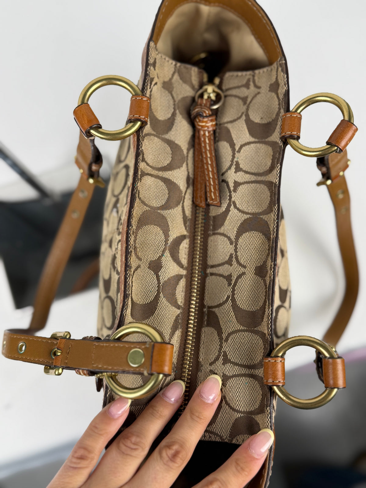 Coach 11237 Signature Brown Monogram Gallery Tote Shoulder Bag Leather Trim