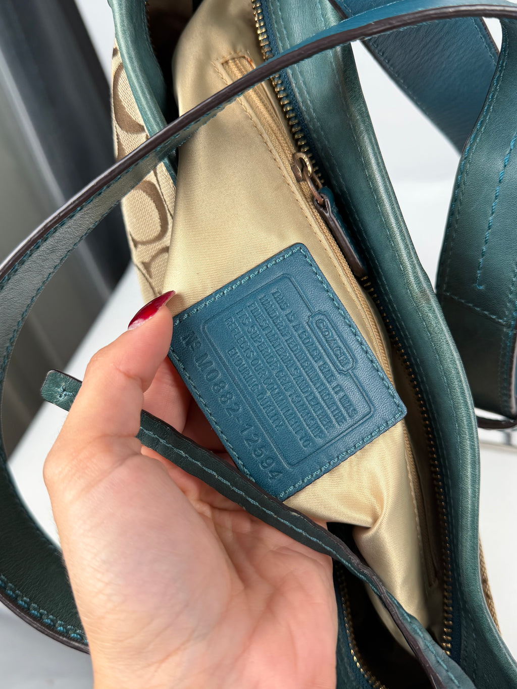 Coach 12594 Hobo Signature Brown Shoulder Bag Teal Leather Trim Convertible