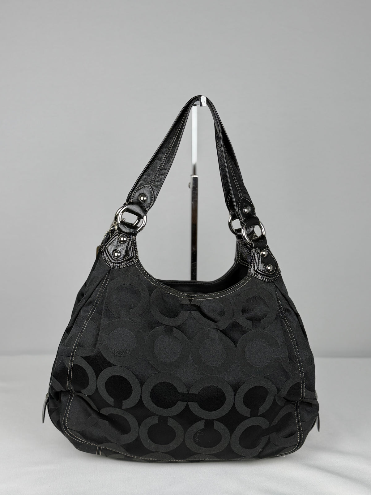 Coach 14305 Maggie Black Optic Art Monogram Shoulder Bag Leather Trim