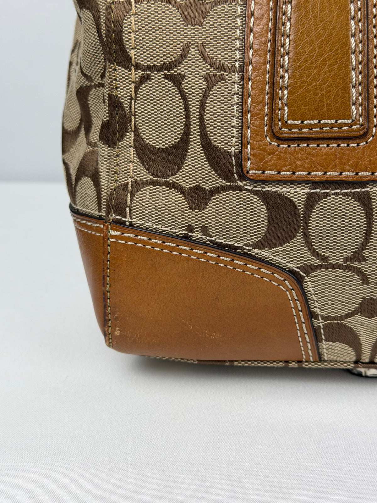 Coach 11589 Hampton Turnlock Signature Brown Monogram Shoulder Bag Leather Trim