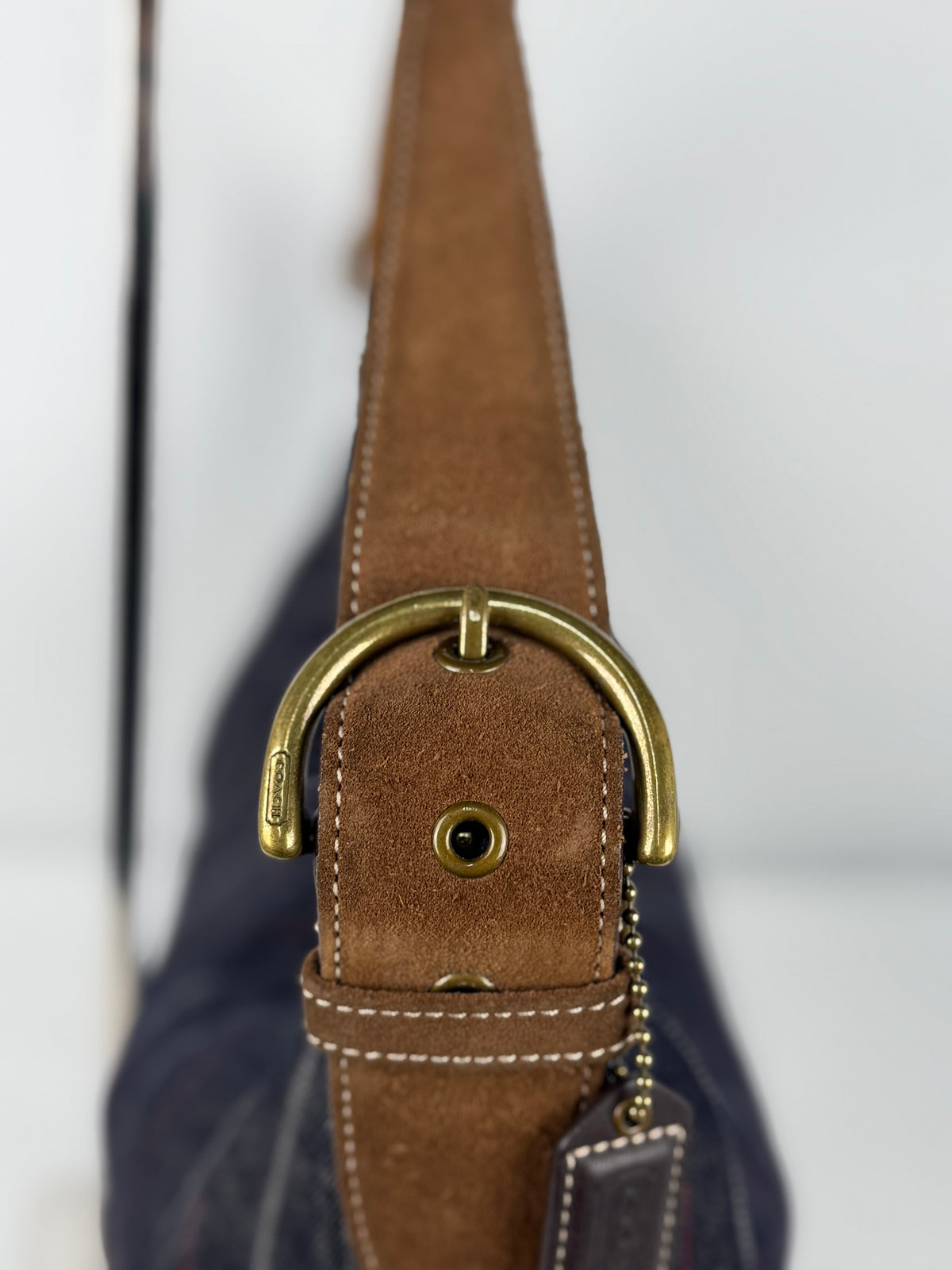 Coach 9527 Hobo Denim Pinistripe Shoulder Bag Brown Suede Leather Trim